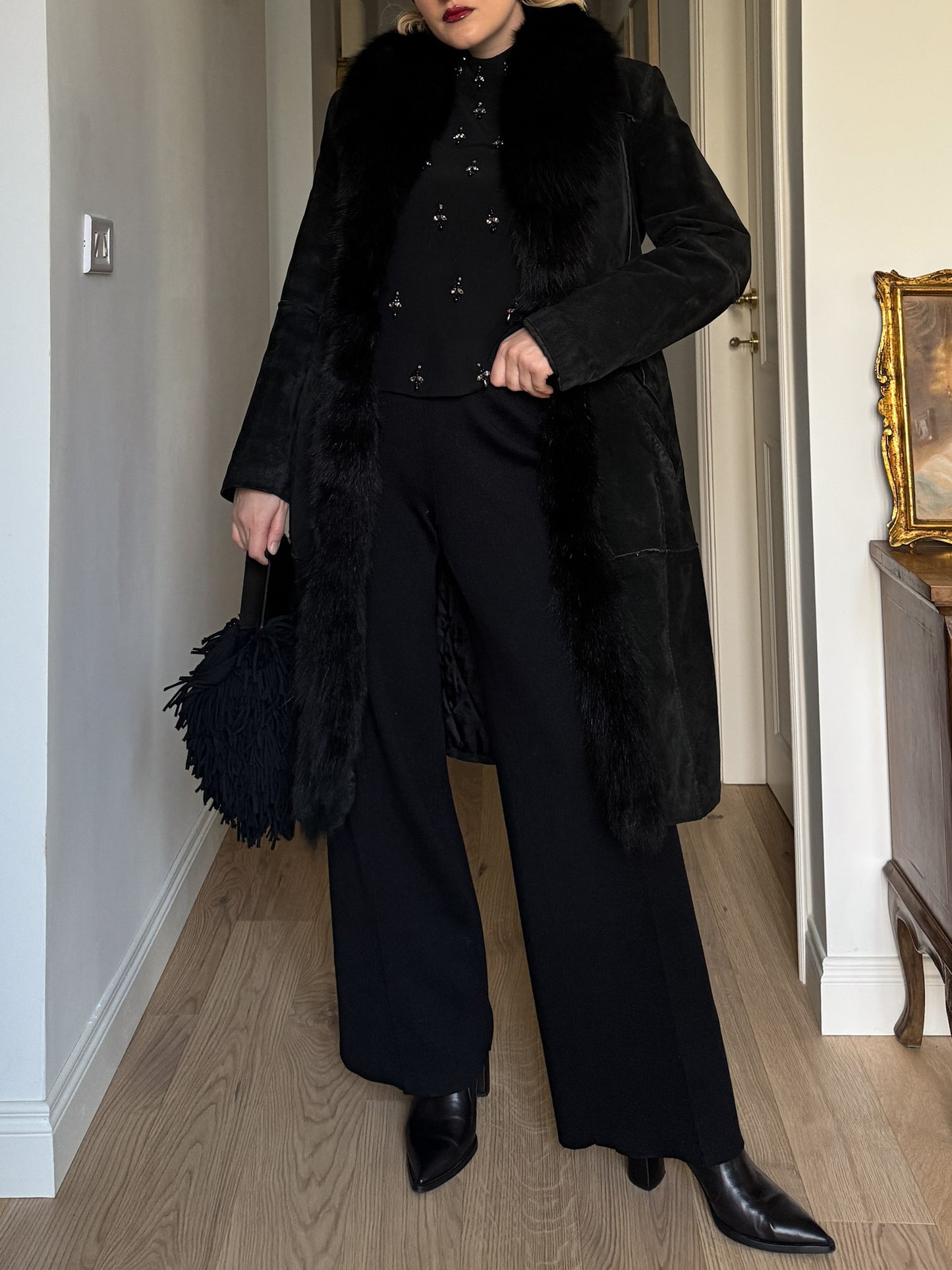 Suede and fur black coat