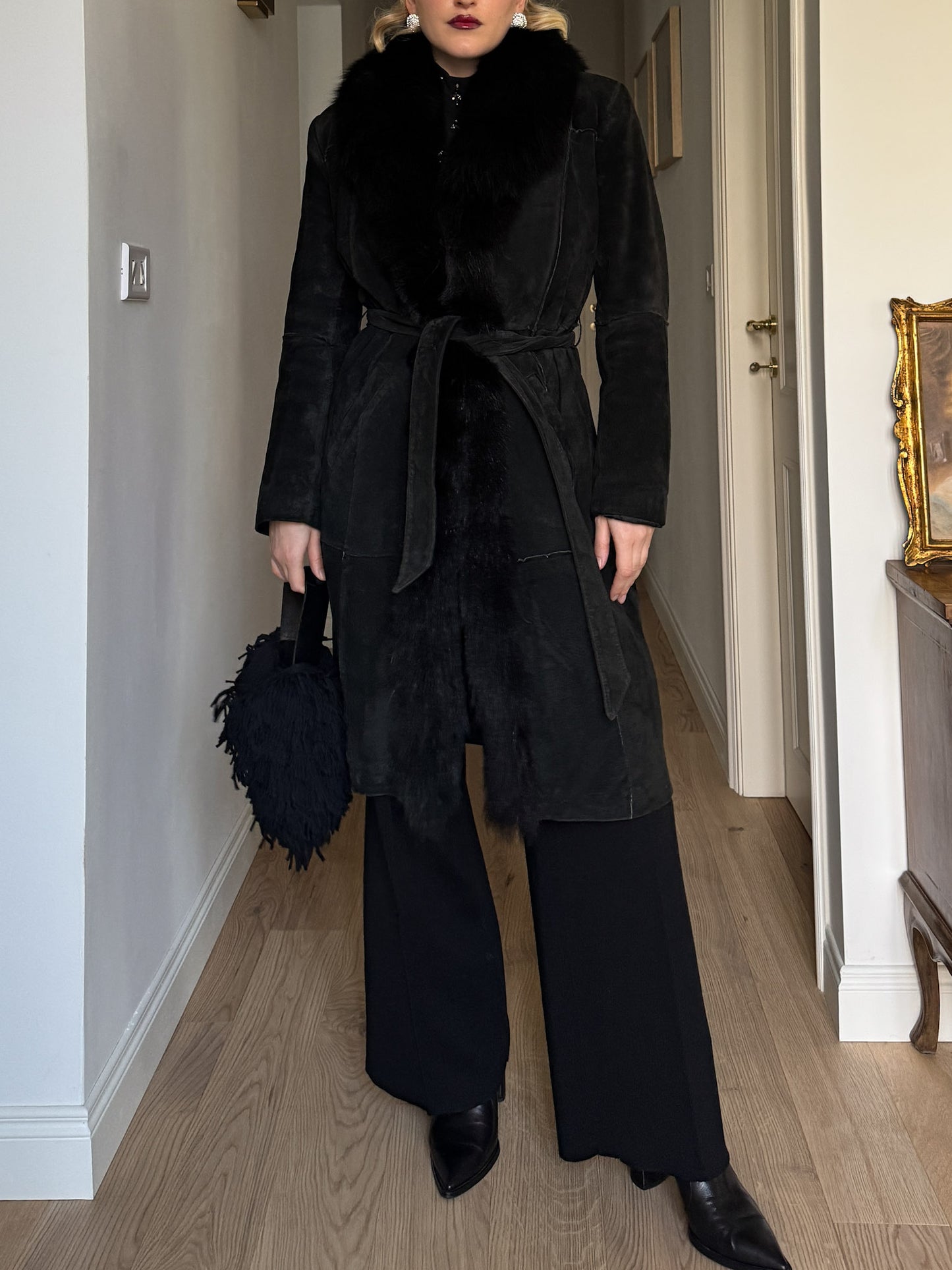 Suede and fur black coat