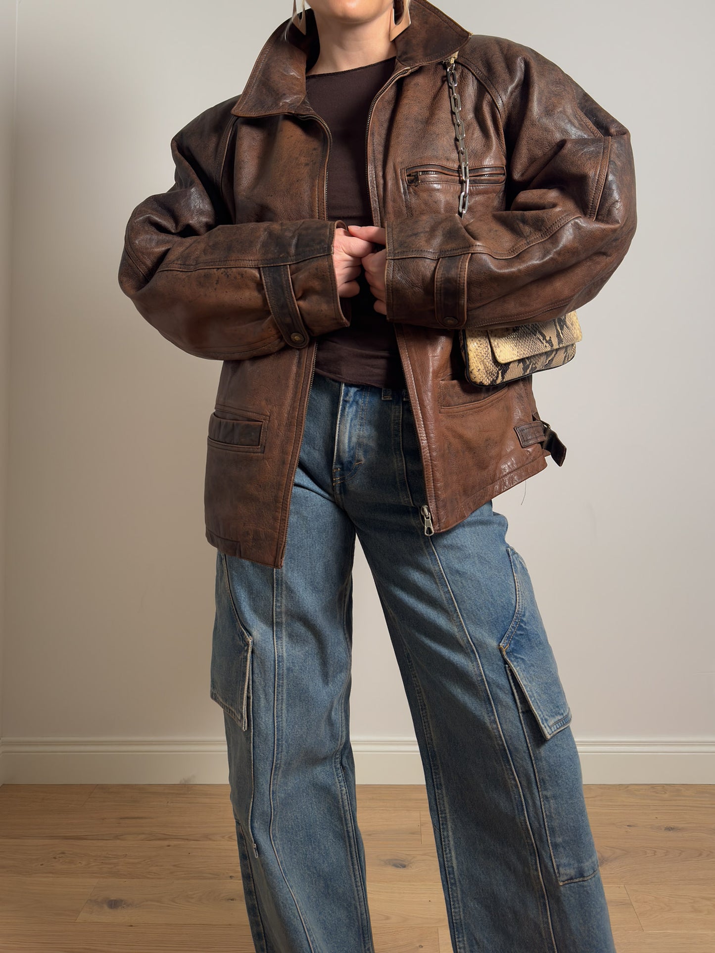 Real leather distressed jacket