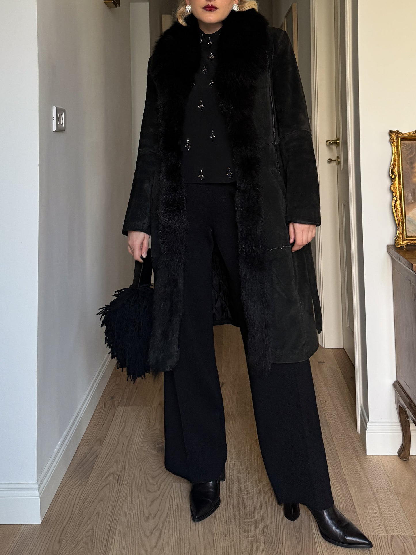 Suede and fur black coat