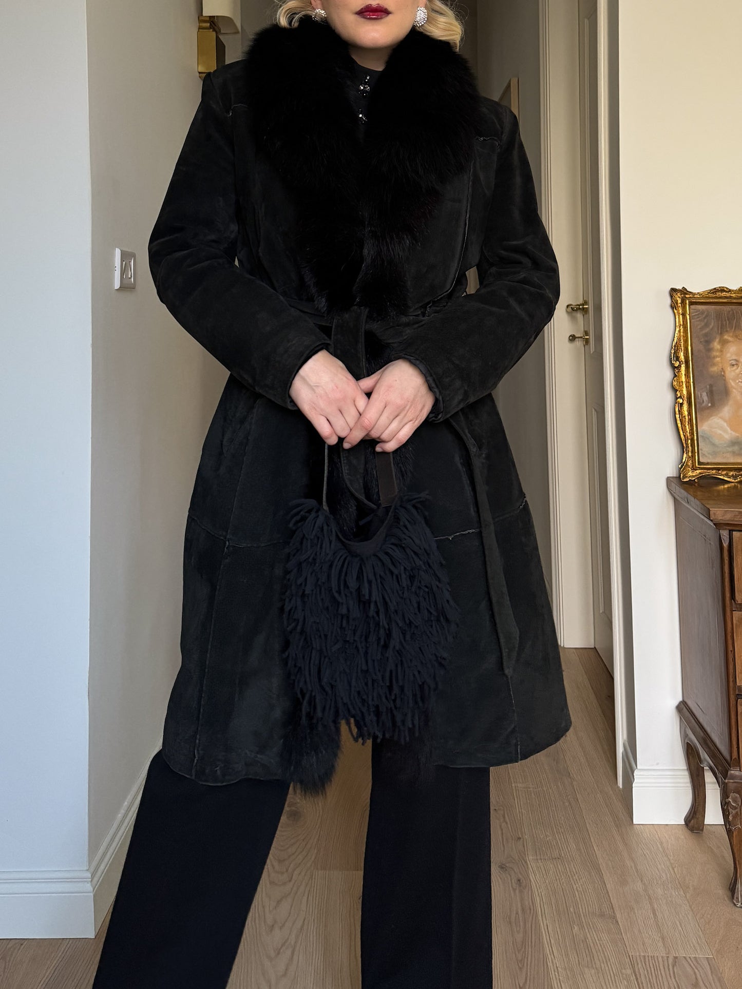 Suede and fur black coat