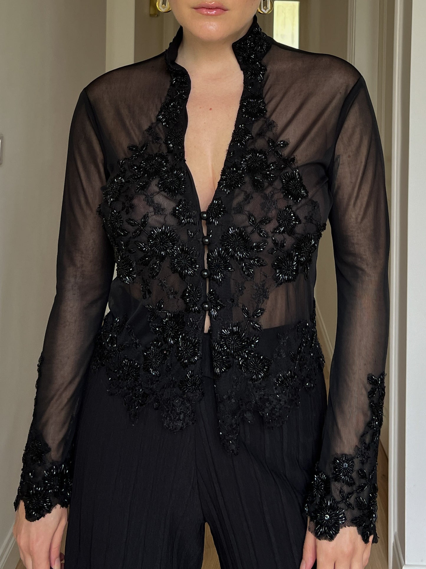 Beads sheer black blouse