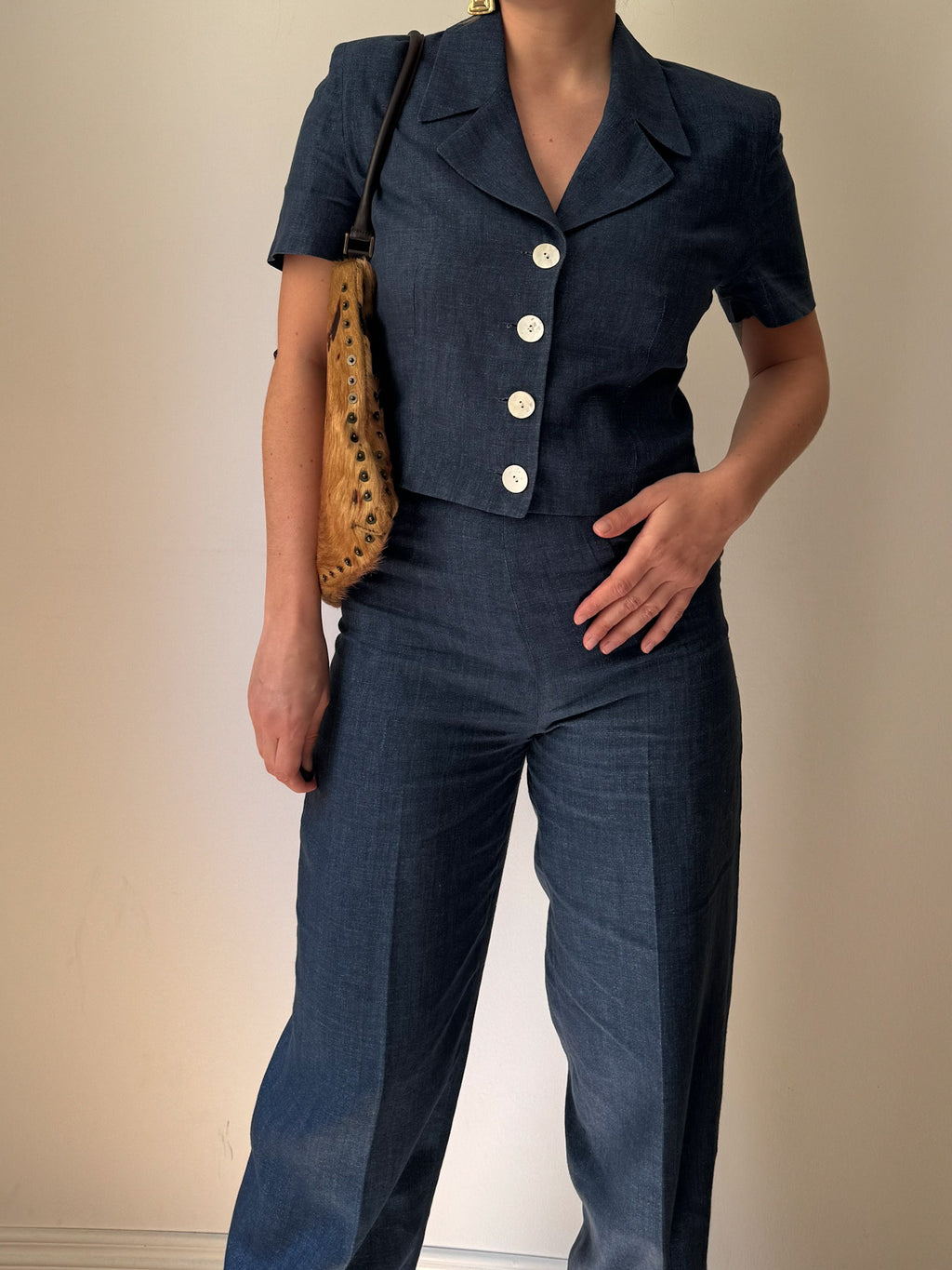 Pure linen blue denim suit