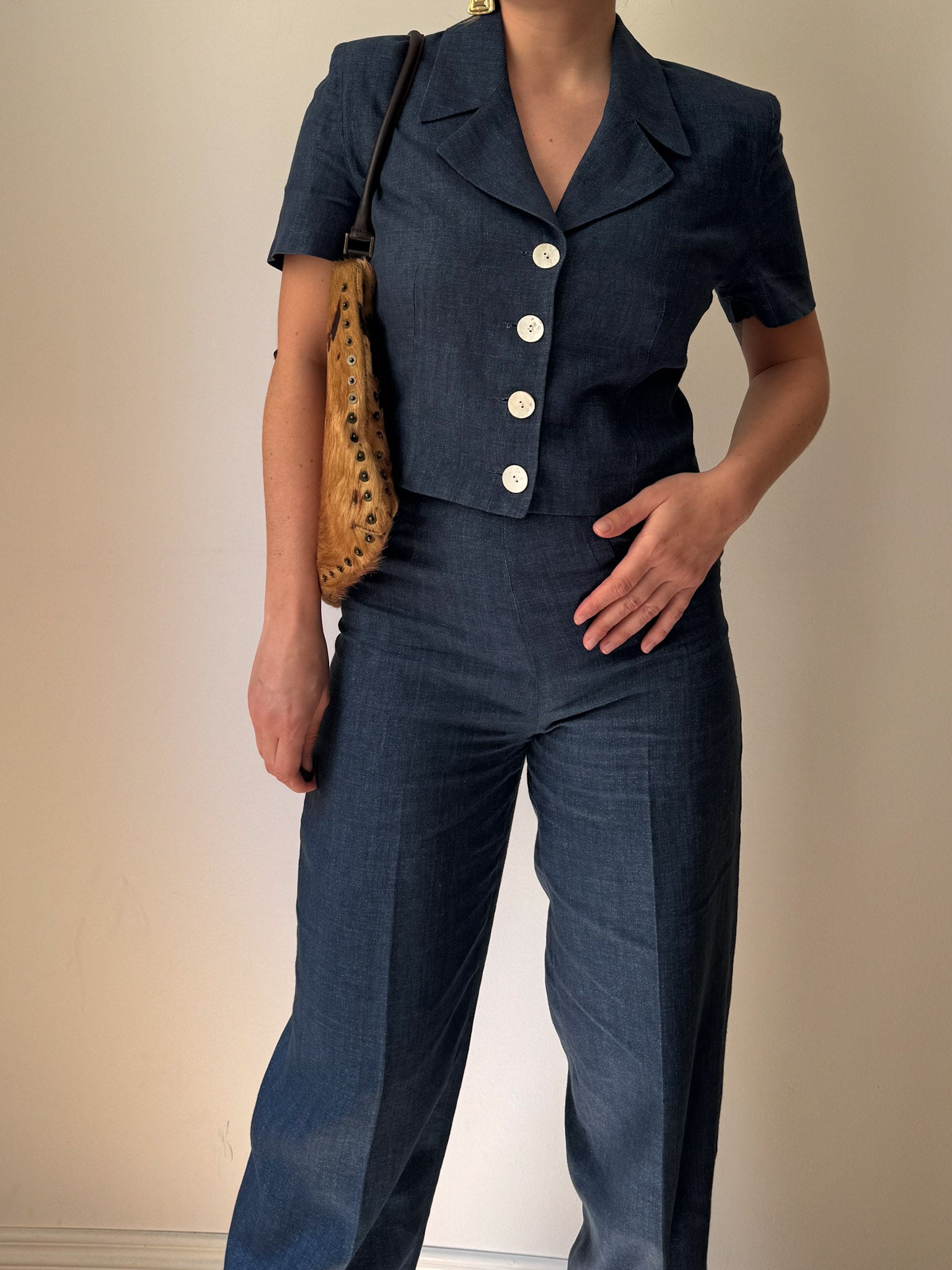 Pure linen blue denim suit