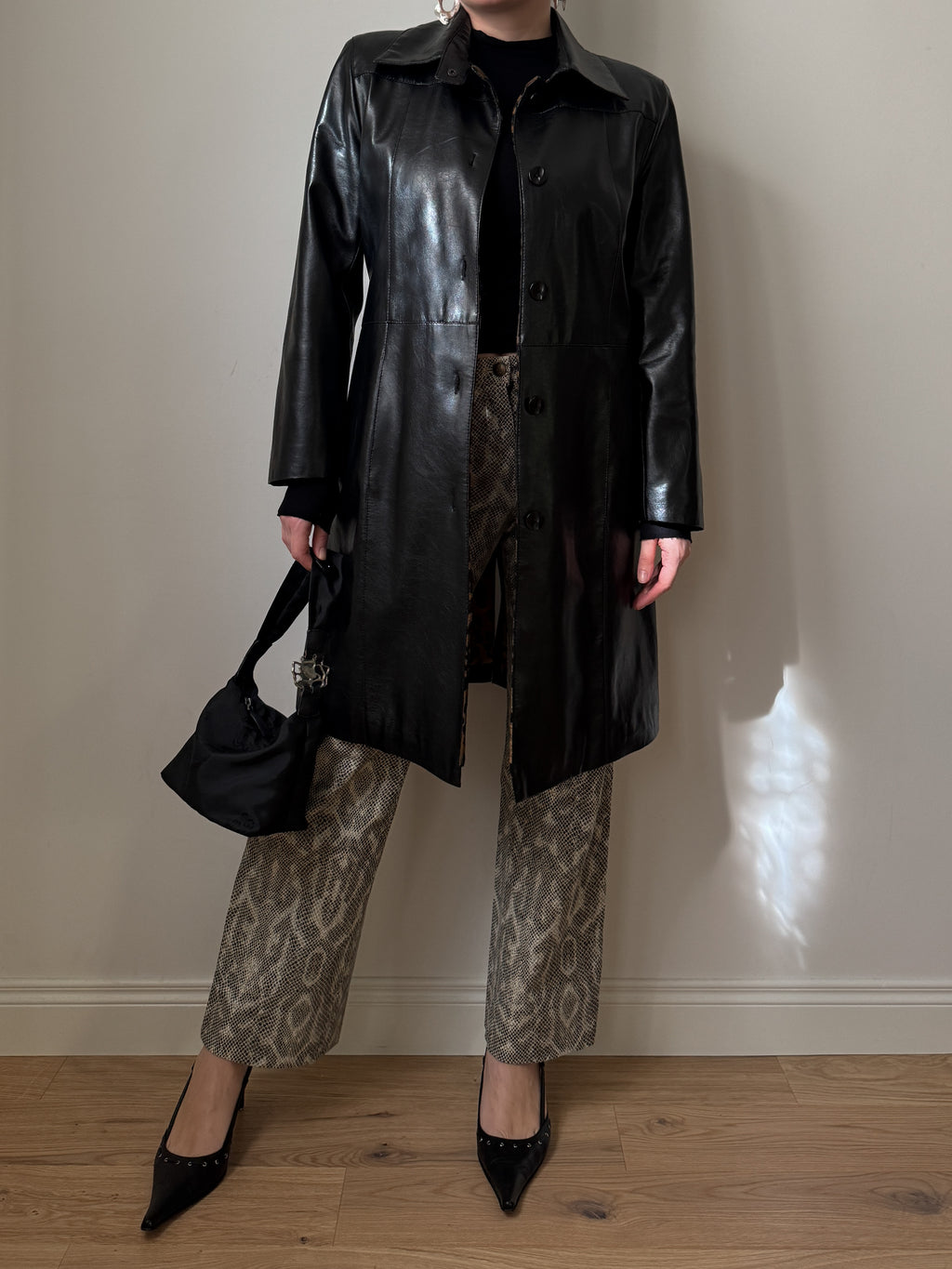 Real leather black long jacket