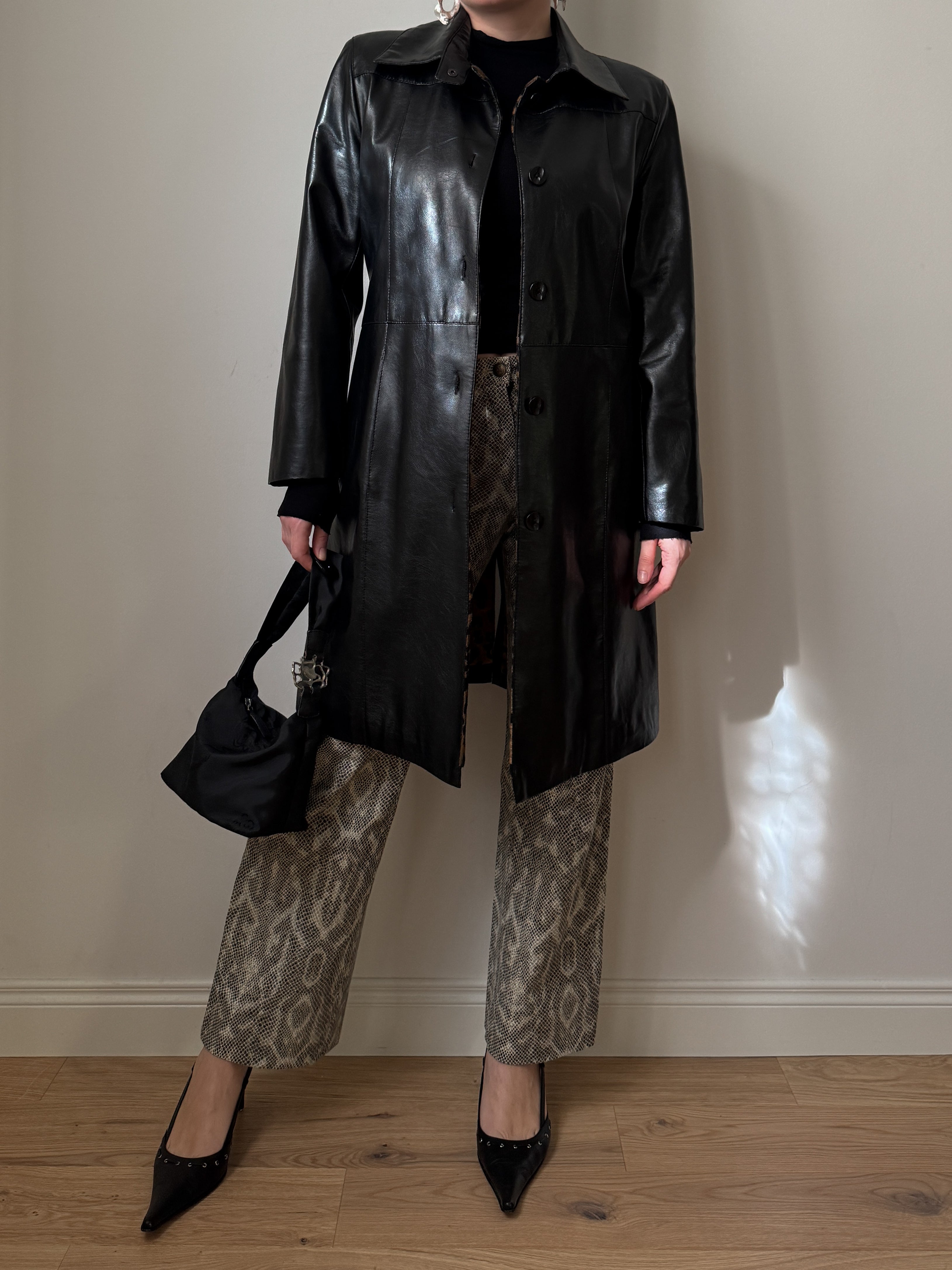 Real leather black long jacket