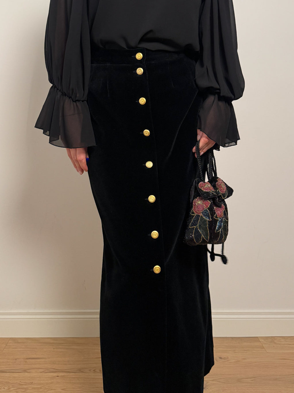 Cotton velvet black long skirt