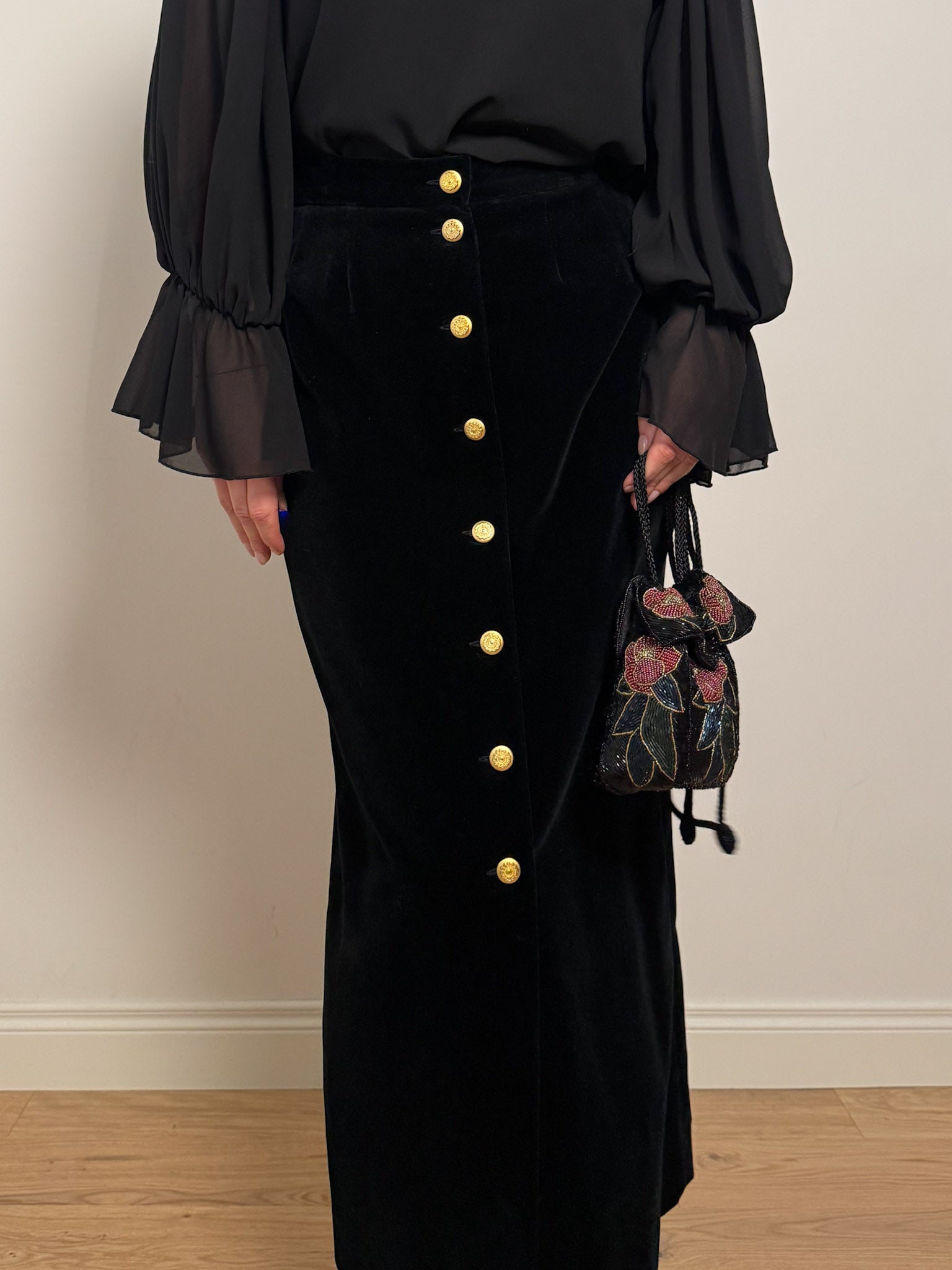 Cotton velvet black long skirt