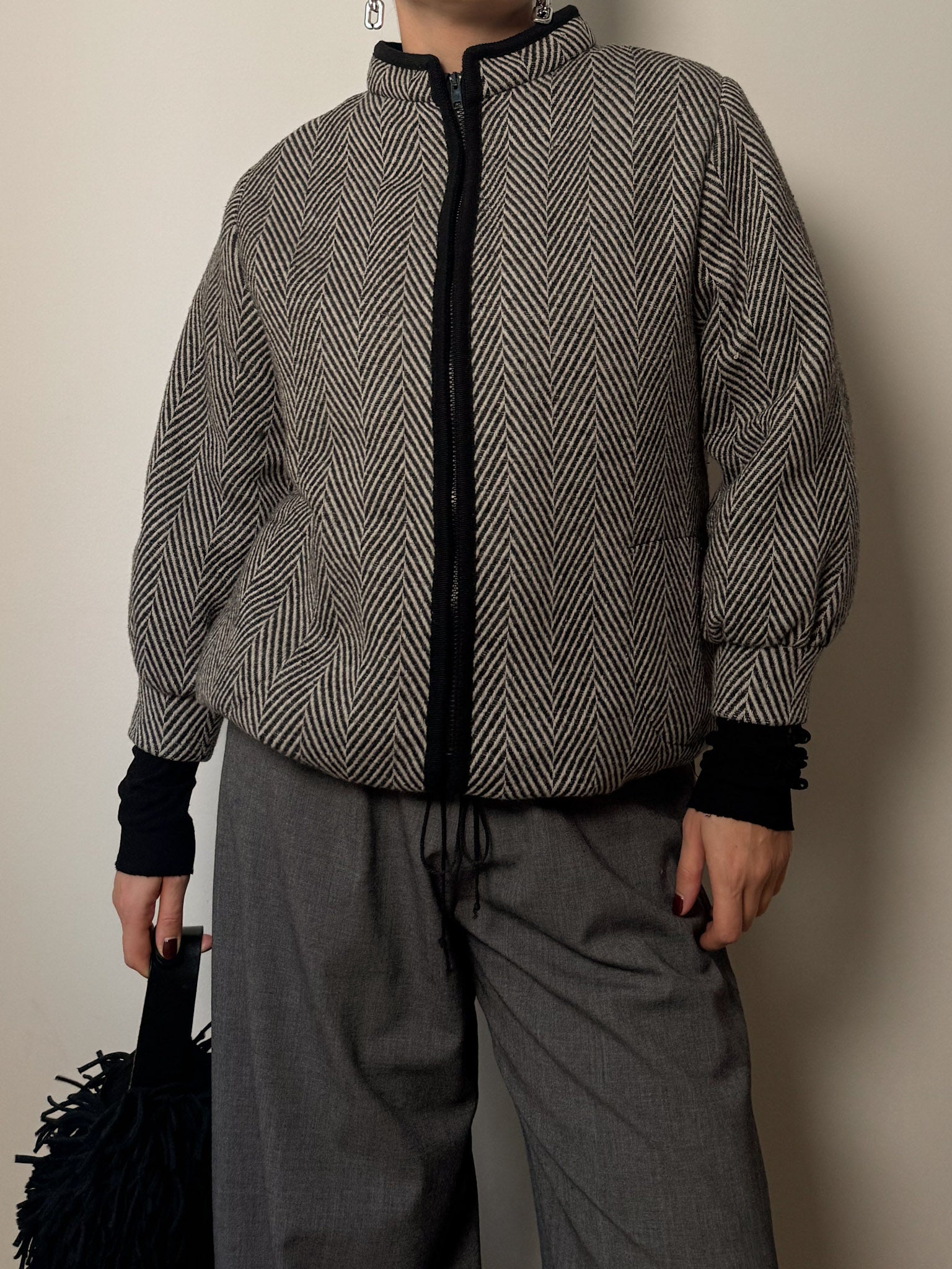 Pure wool black and white bomber