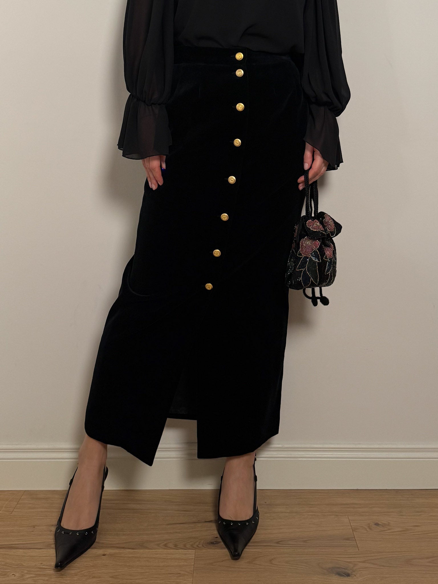 Cotton velvet black long skirt