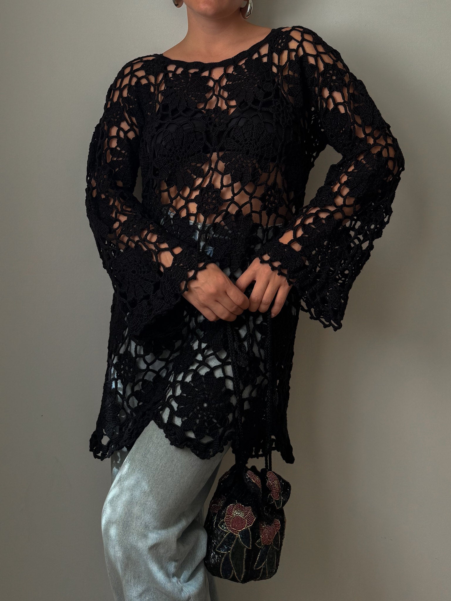 Embroidered crochet black top