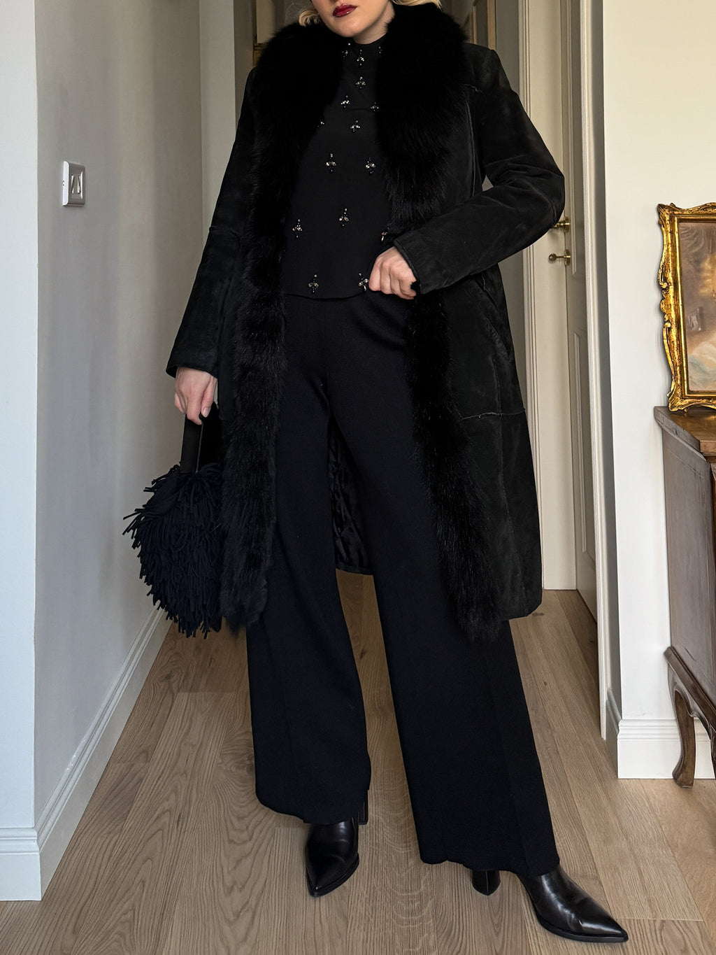 Suede and fur black coat