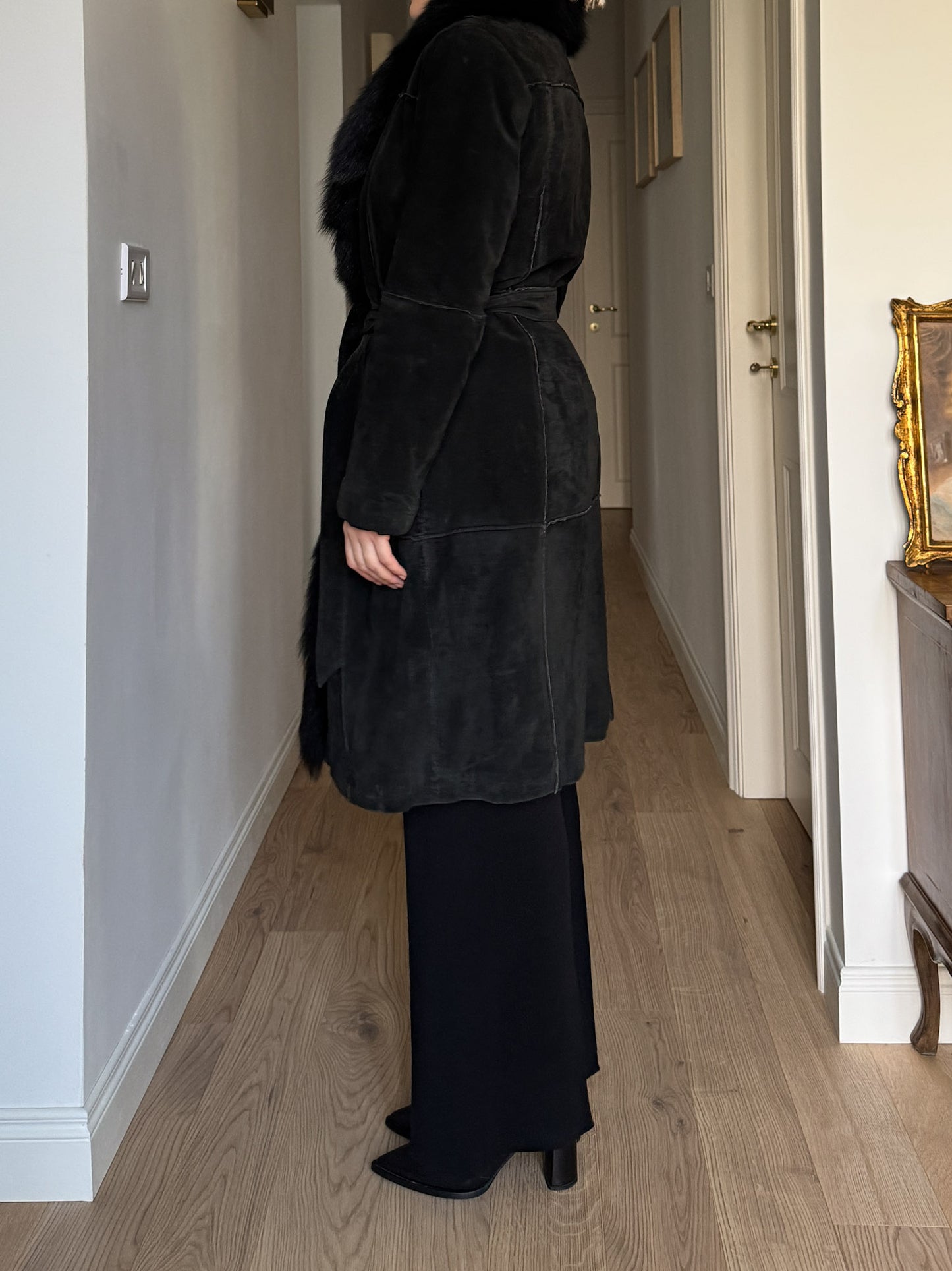 Suede and fur black coat