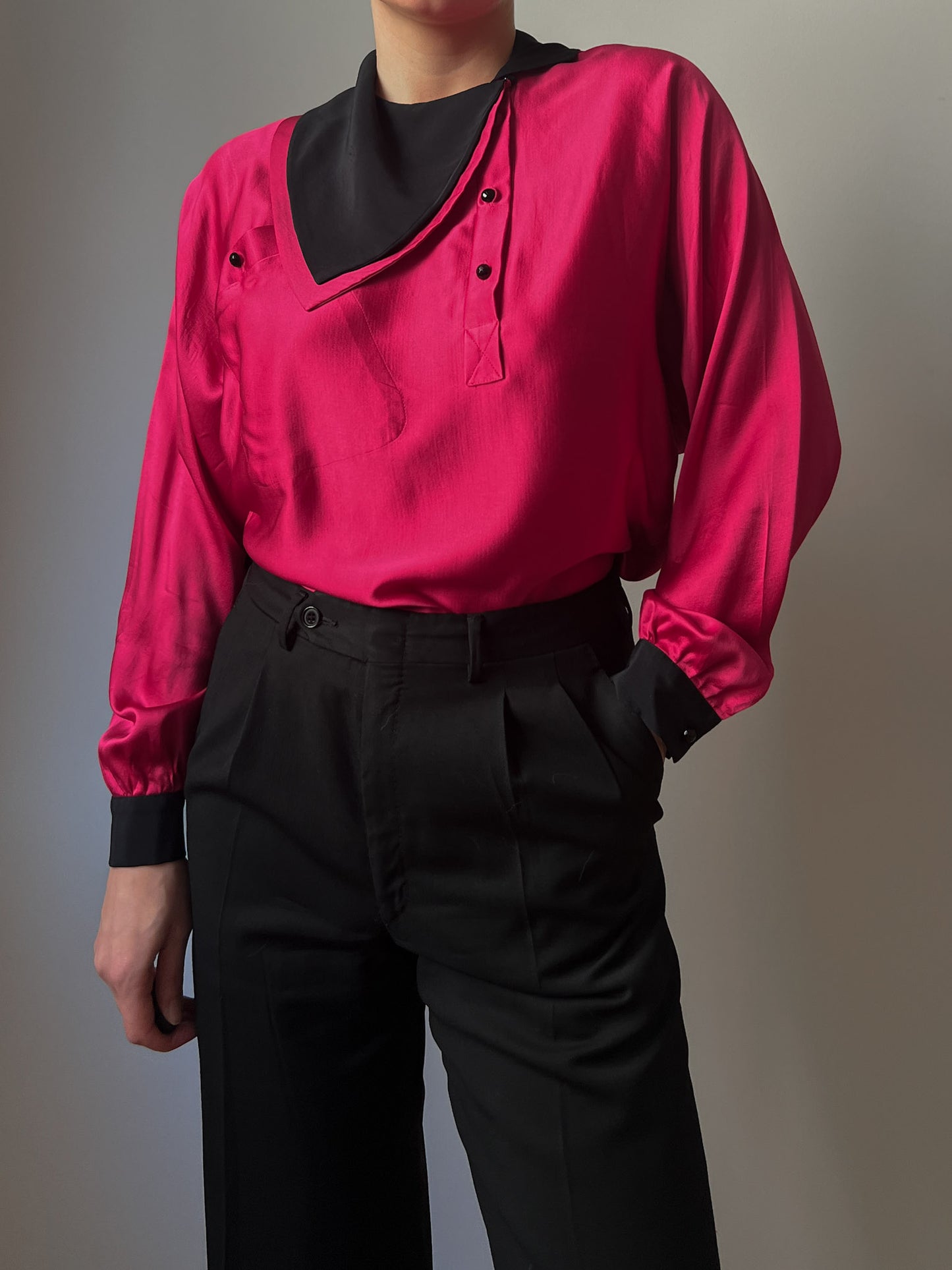 Pure silk black and cyclamen blouse