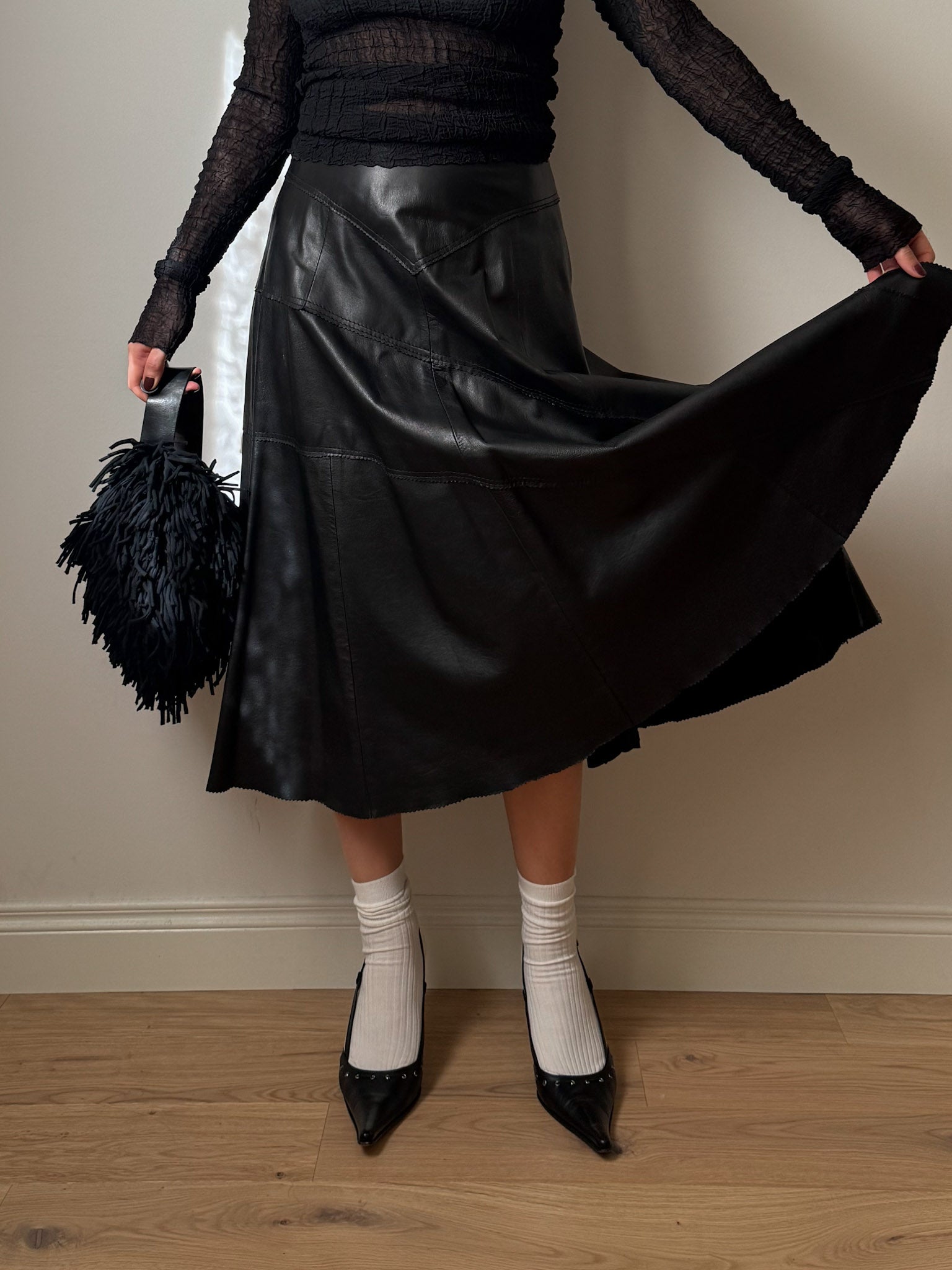 Real leather black skirt