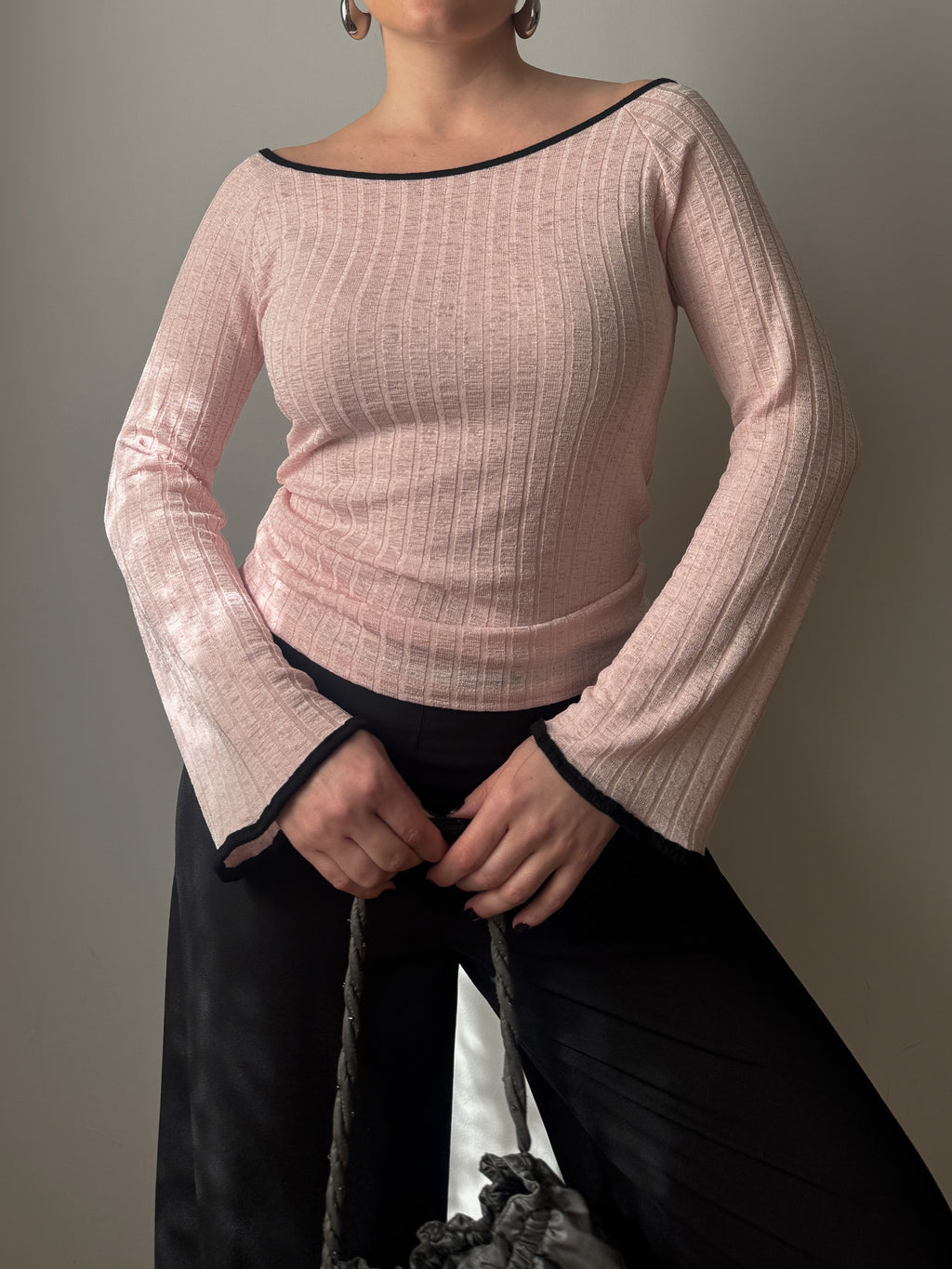 Top a costine vintage in viscosa rosa cipria