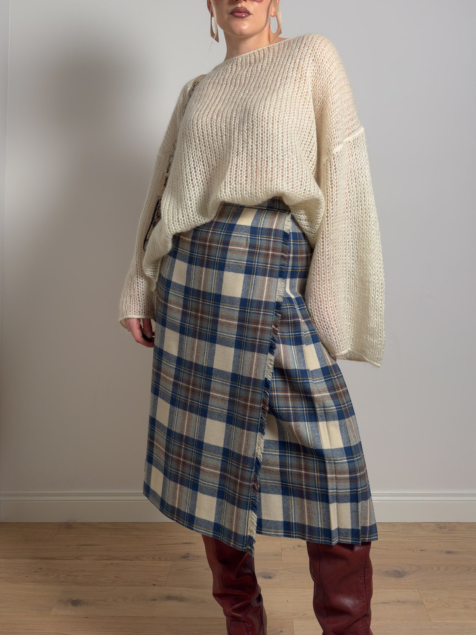 Pure wool tartan pleated skirt