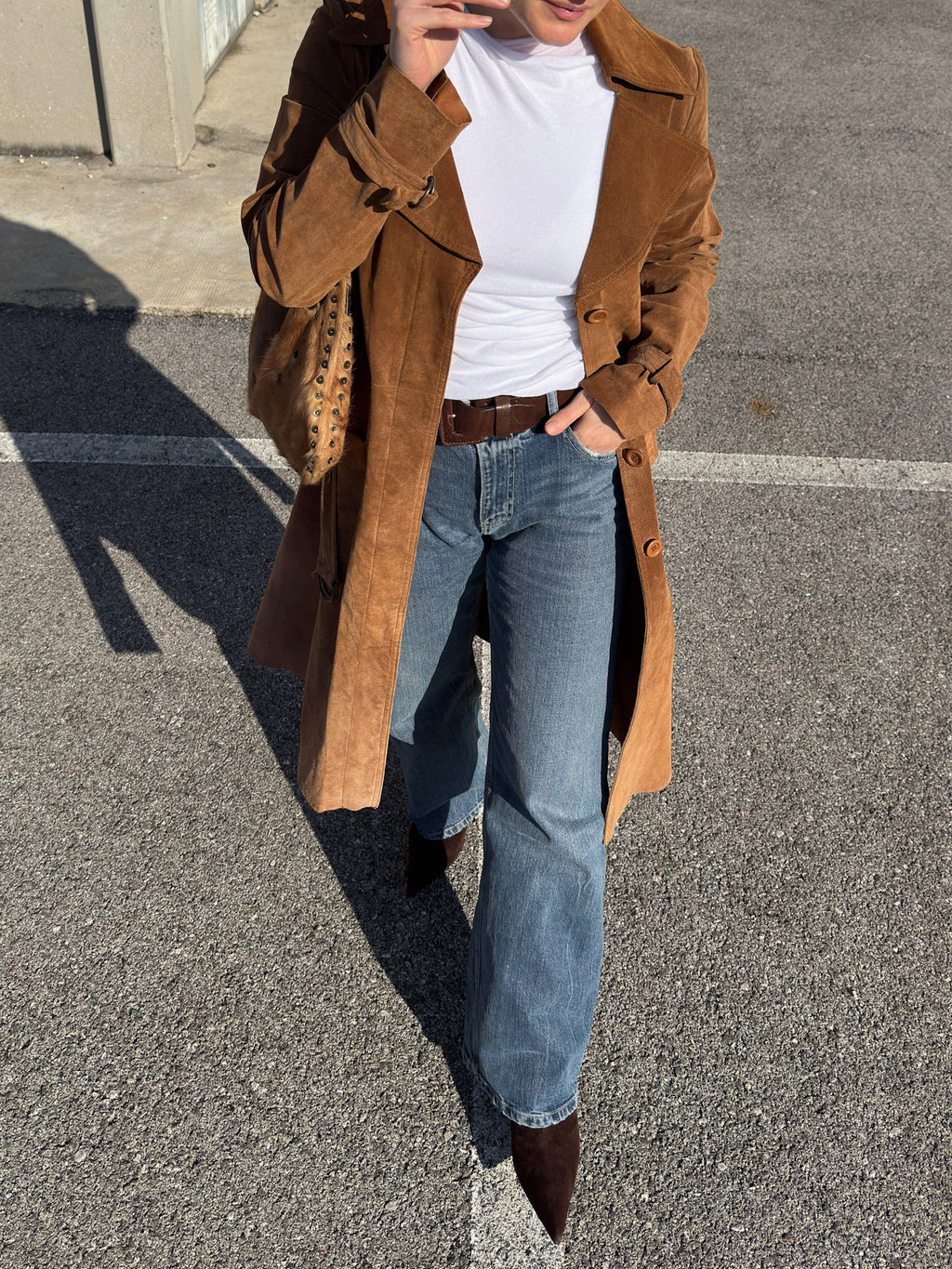 Real suede caramel trench coat