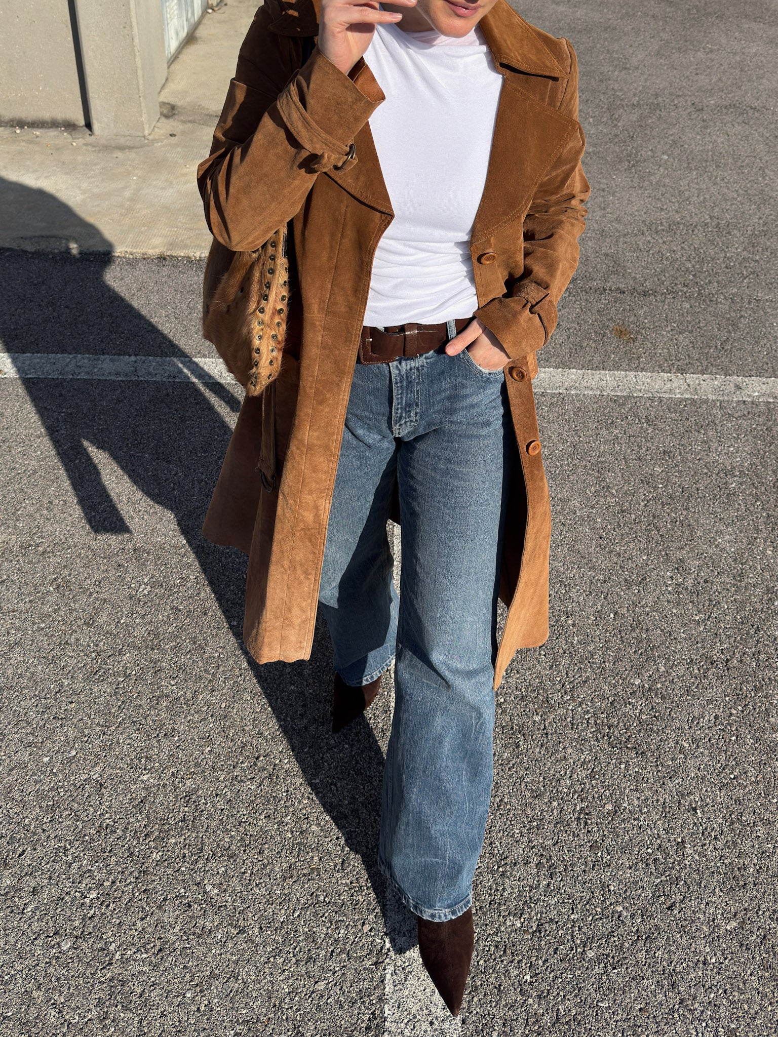 Real suede caramel trench coat