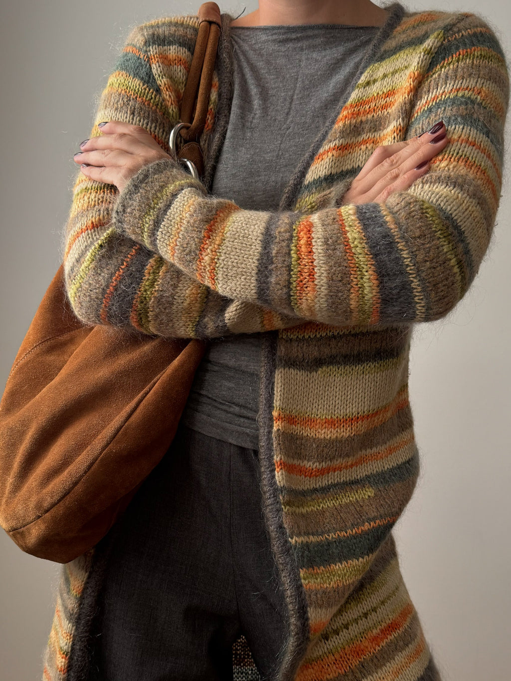 Pure wool embroidered striped long cardigan