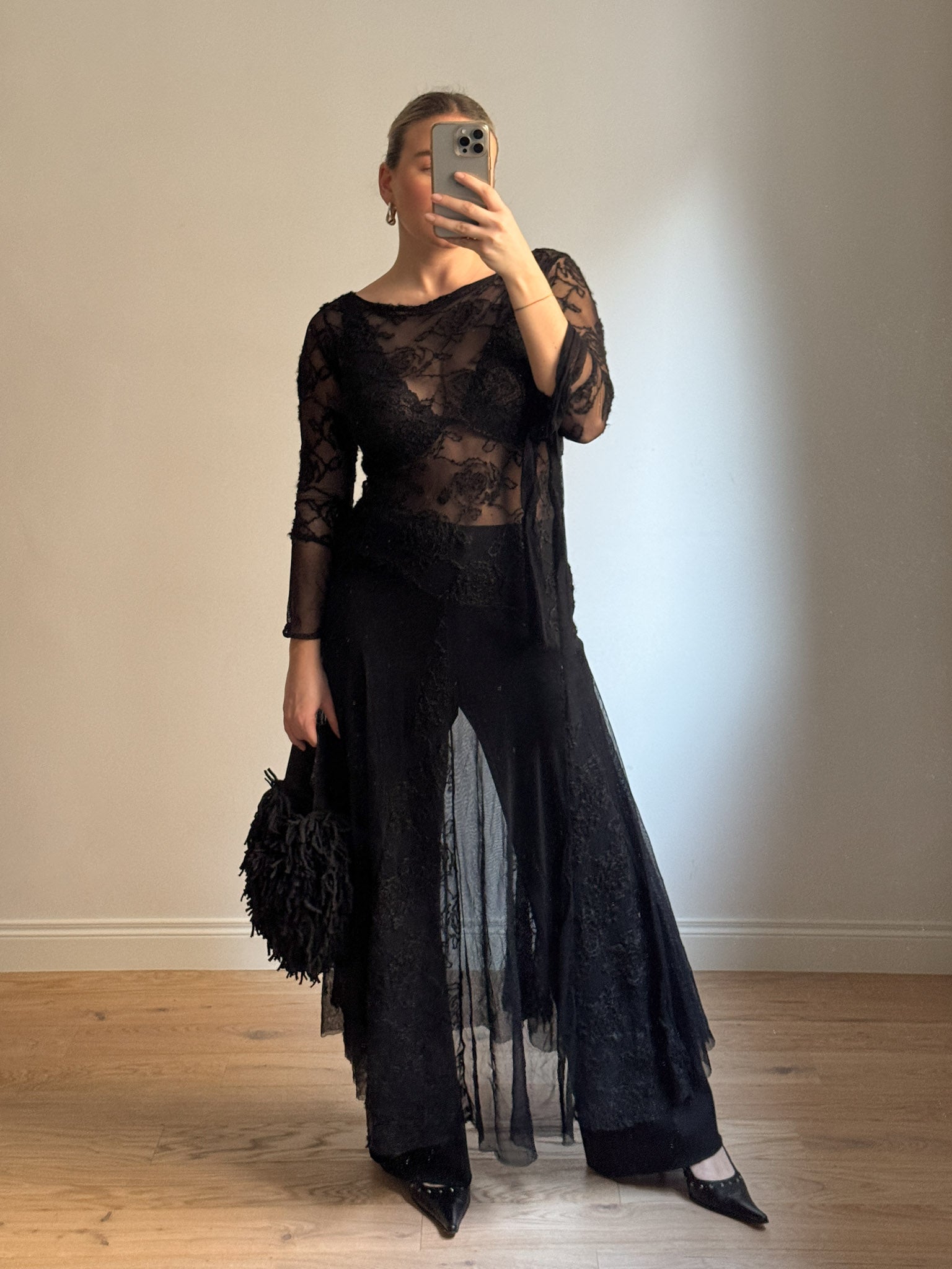 Black semi-sheer lace long dress