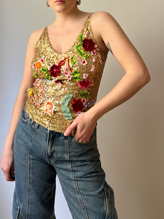 Floral sequins gold top