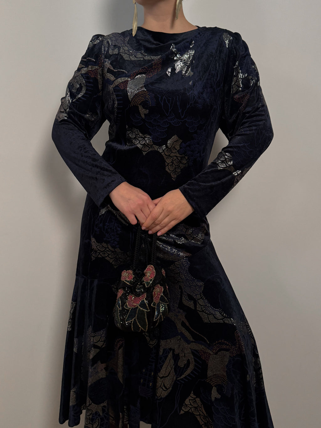 Velvet printed blue dress