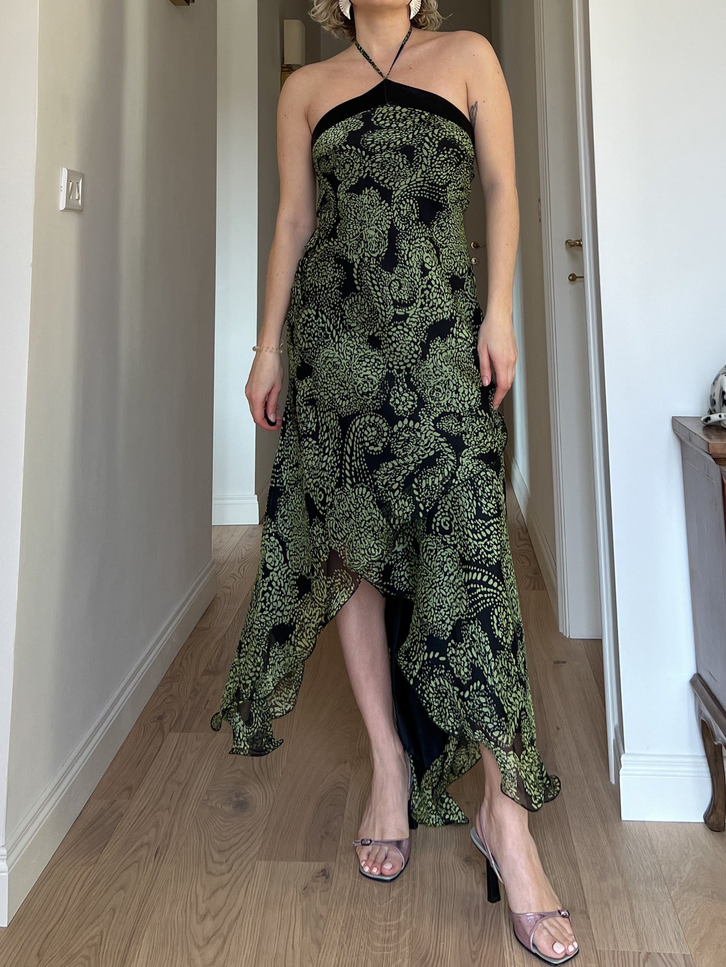 Pure silk black and green dress