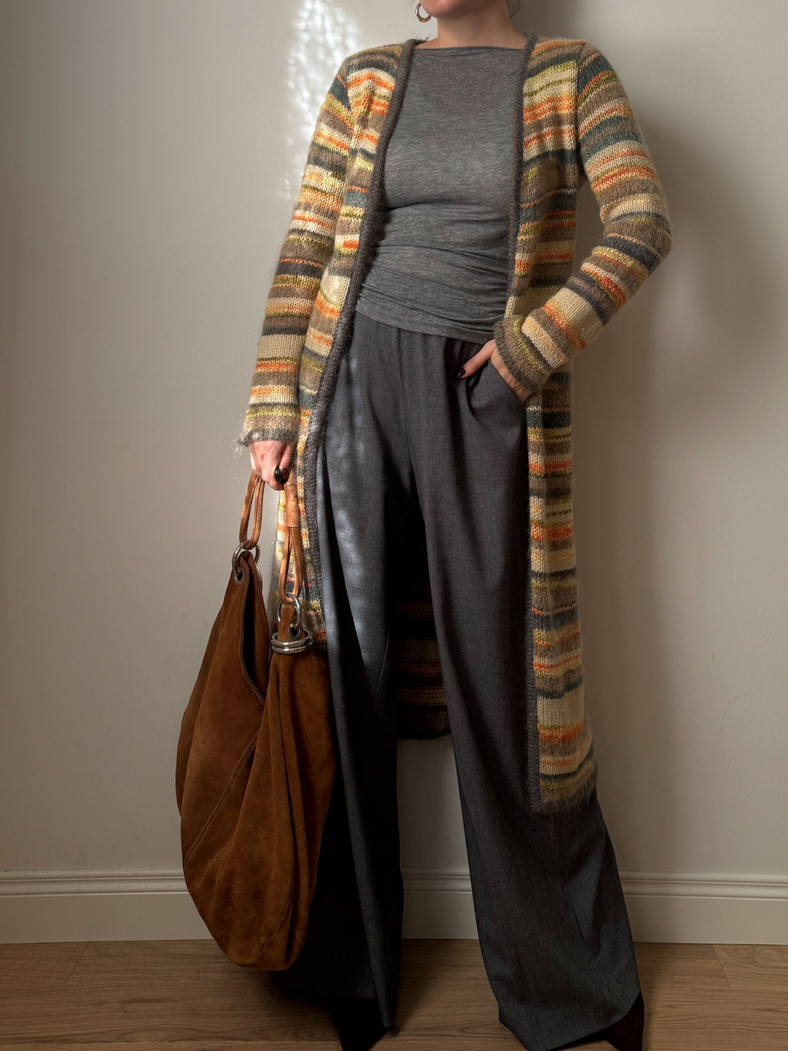 Pure wool embroidered striped long cardigan