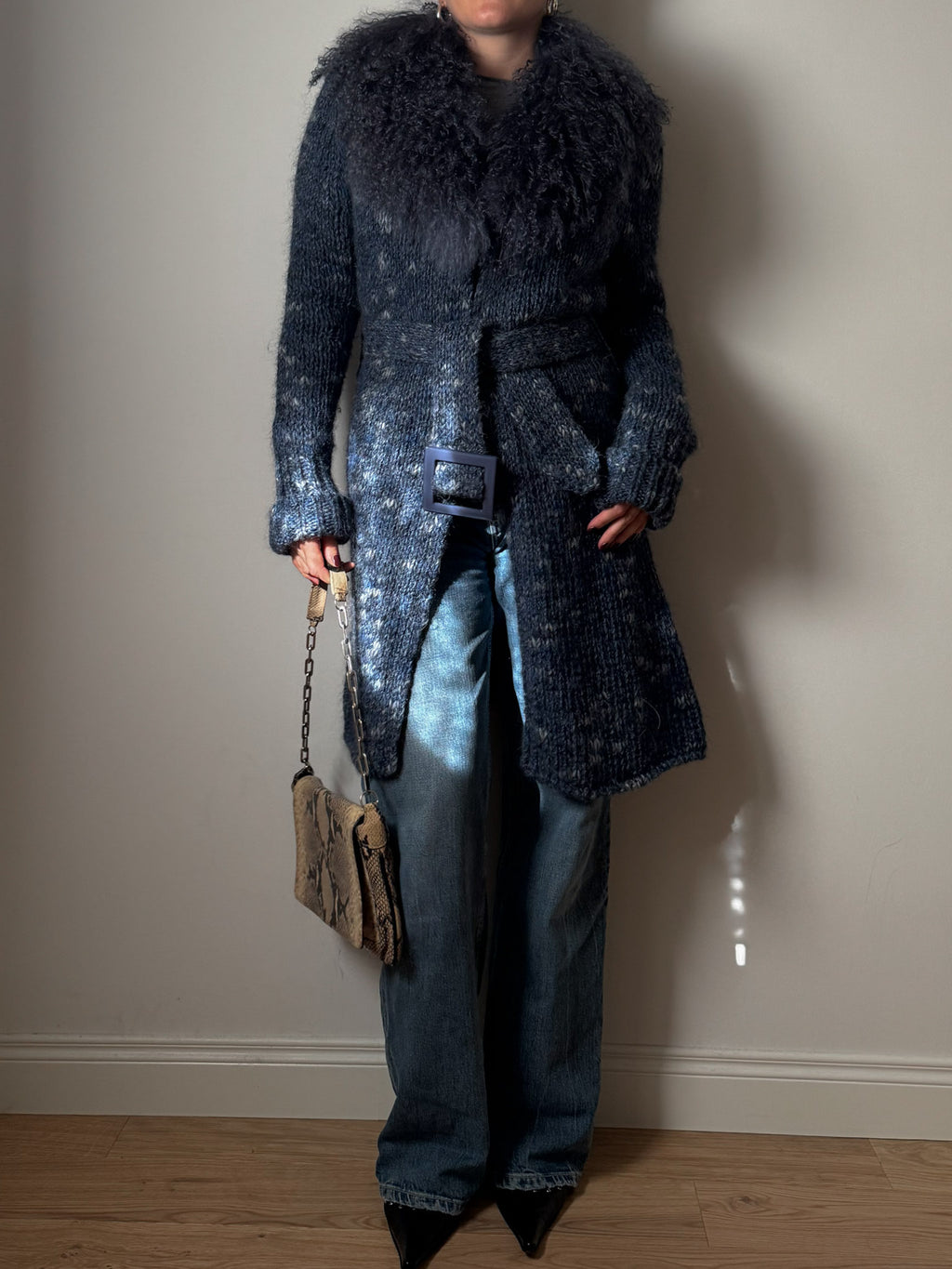 Wool, mohair and mongolian blue maxi cardigan