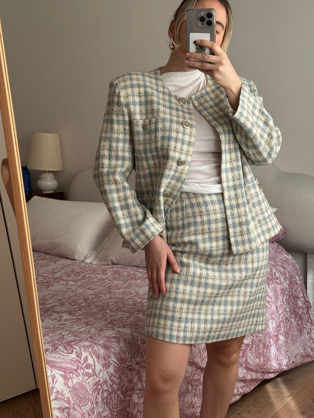 Tweed ivory and sky suit