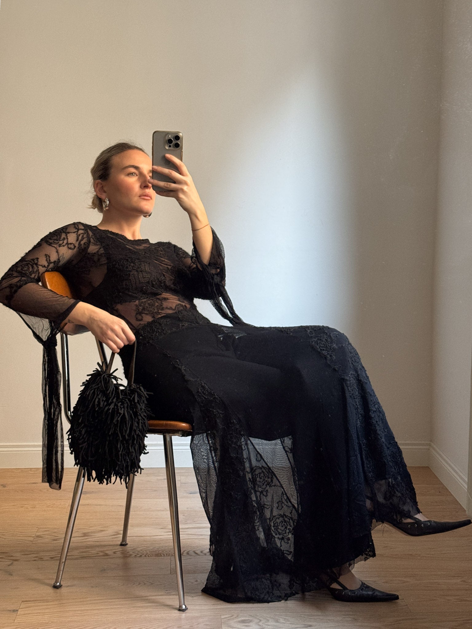 Black semi-sheer lace long dress