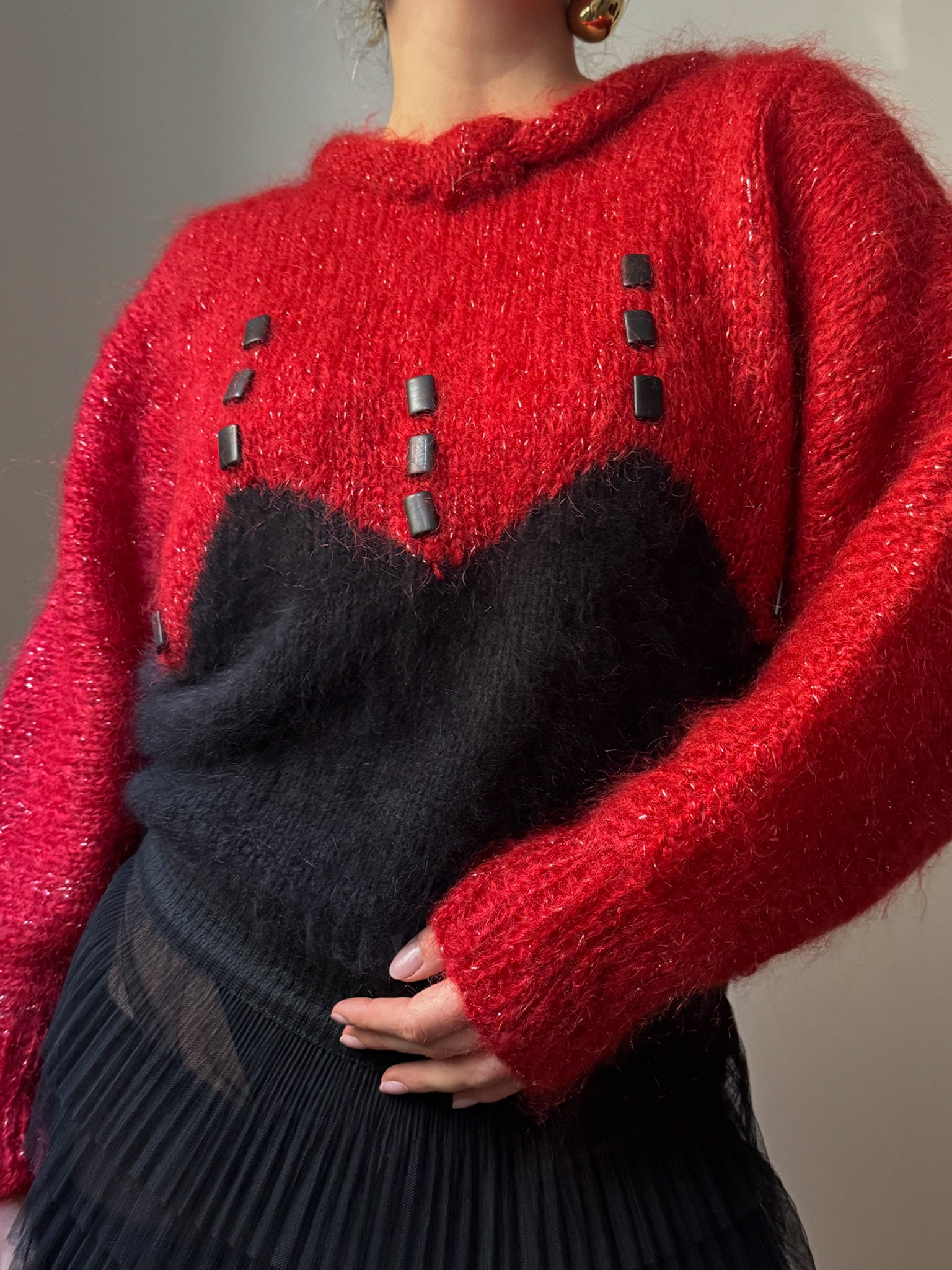 Mohair and angora red and black pull