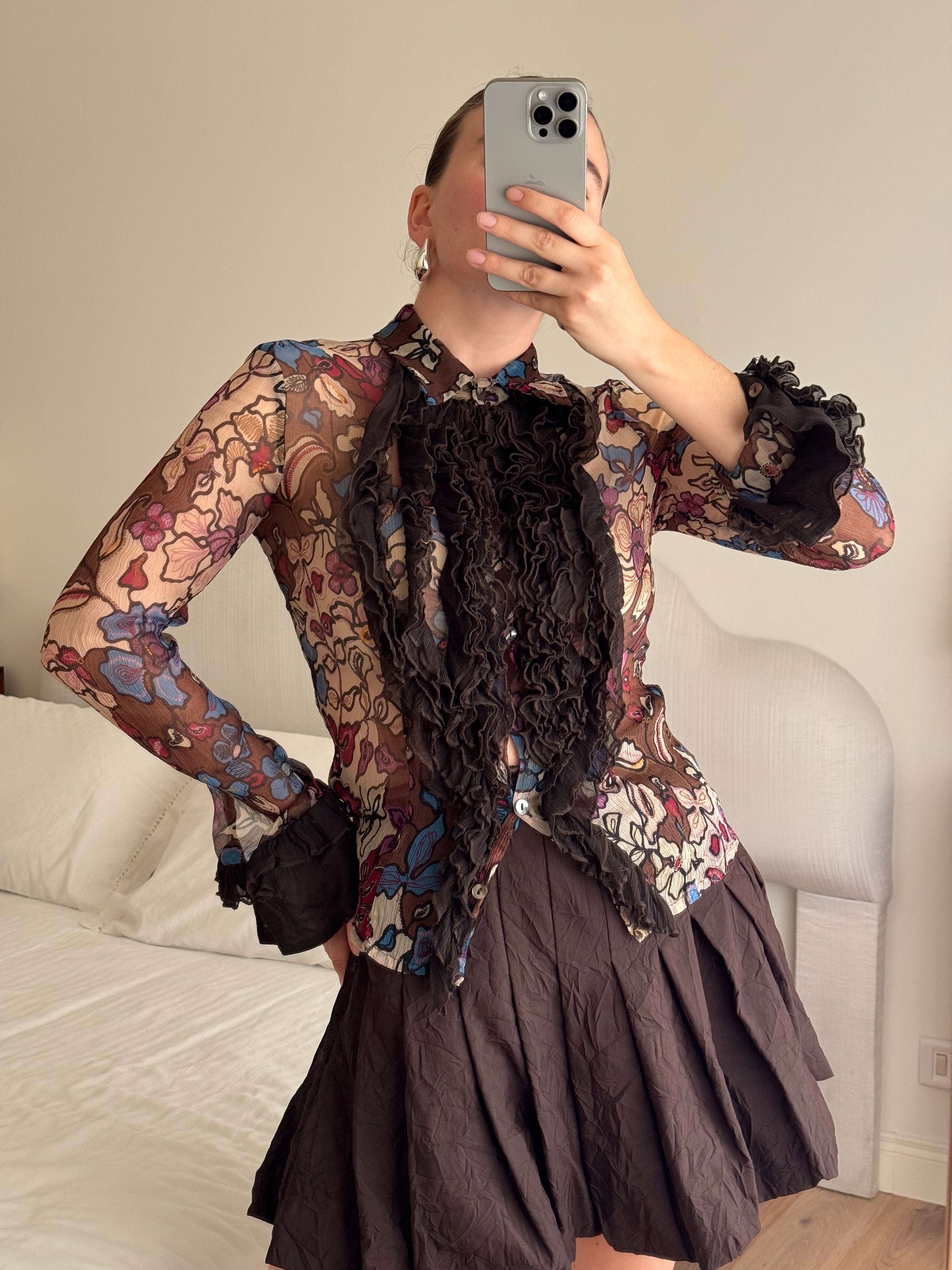 Pure silk rouches printed shirt