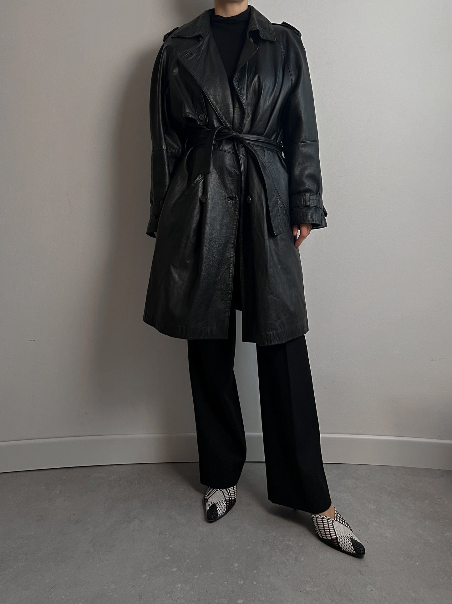 Real leather black trench