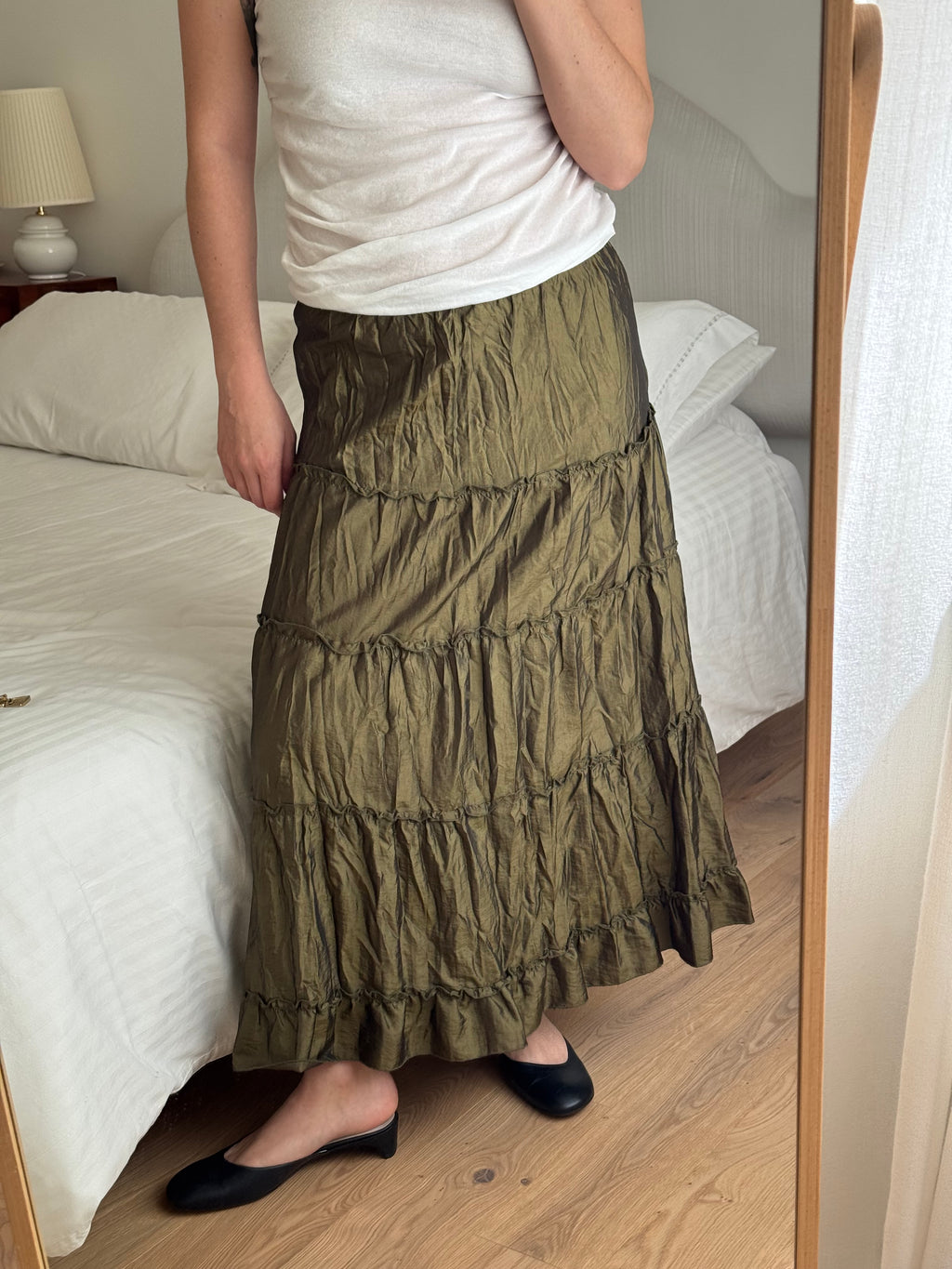 Flounced olive green skirt
