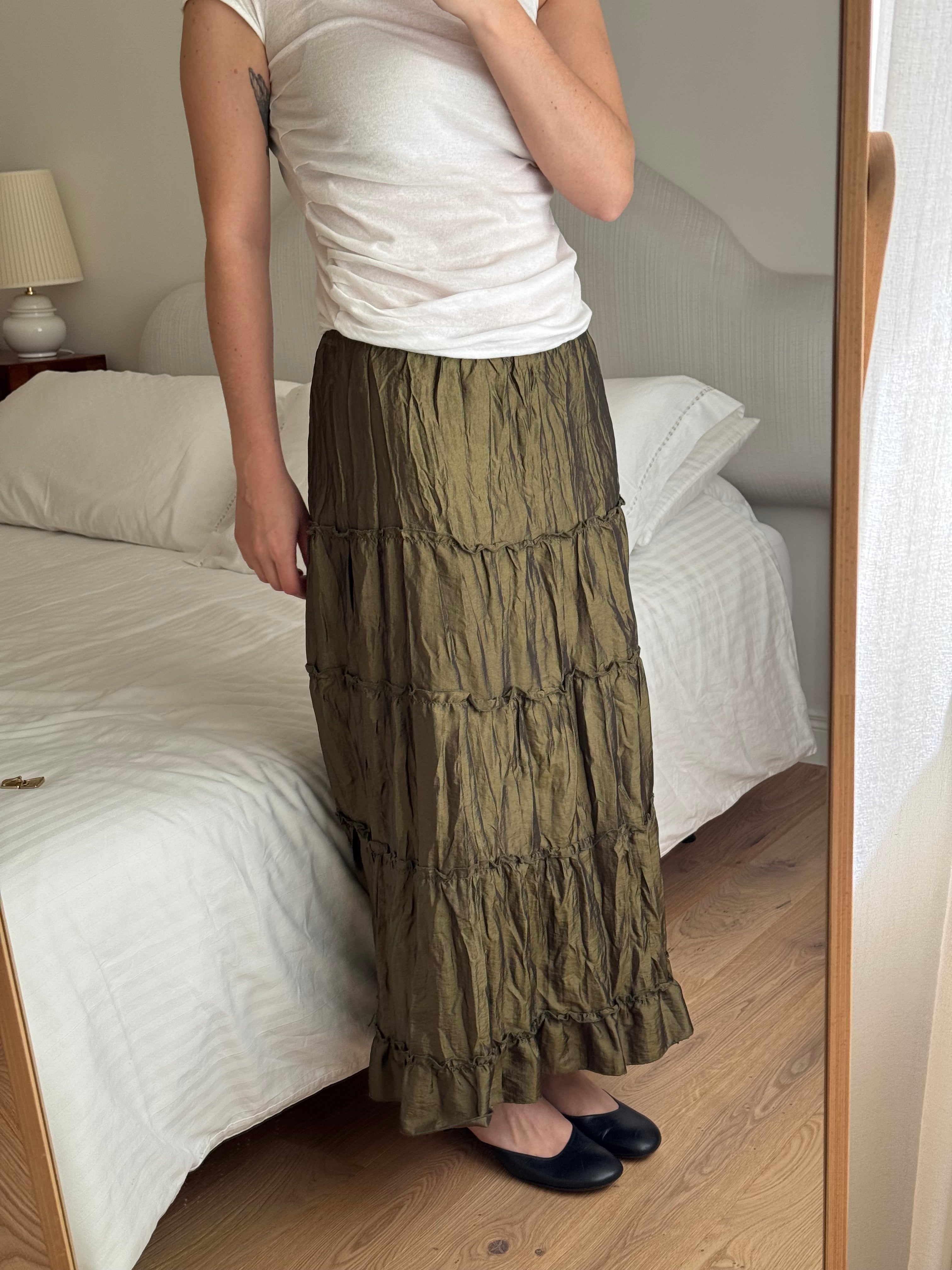 Flounced olive green skirt