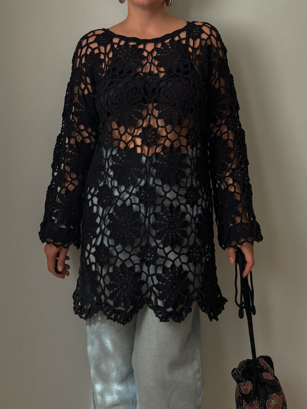 Embroidered crochet black top