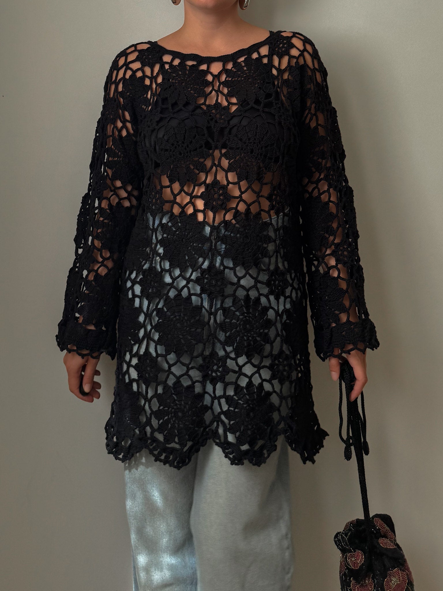 Embroidered crochet black top