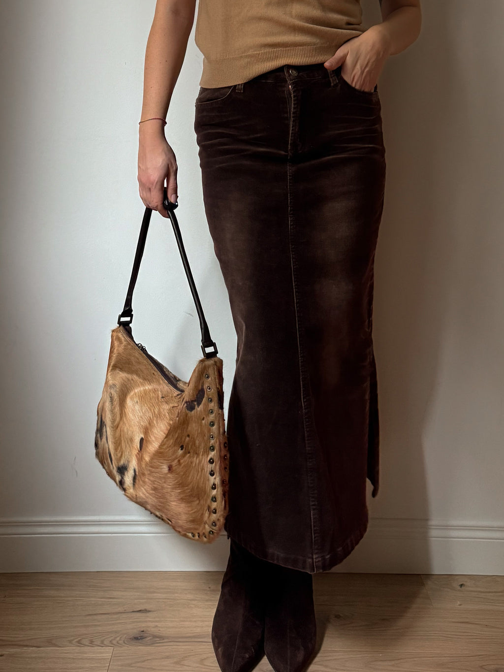 Velvet brown midi skirt