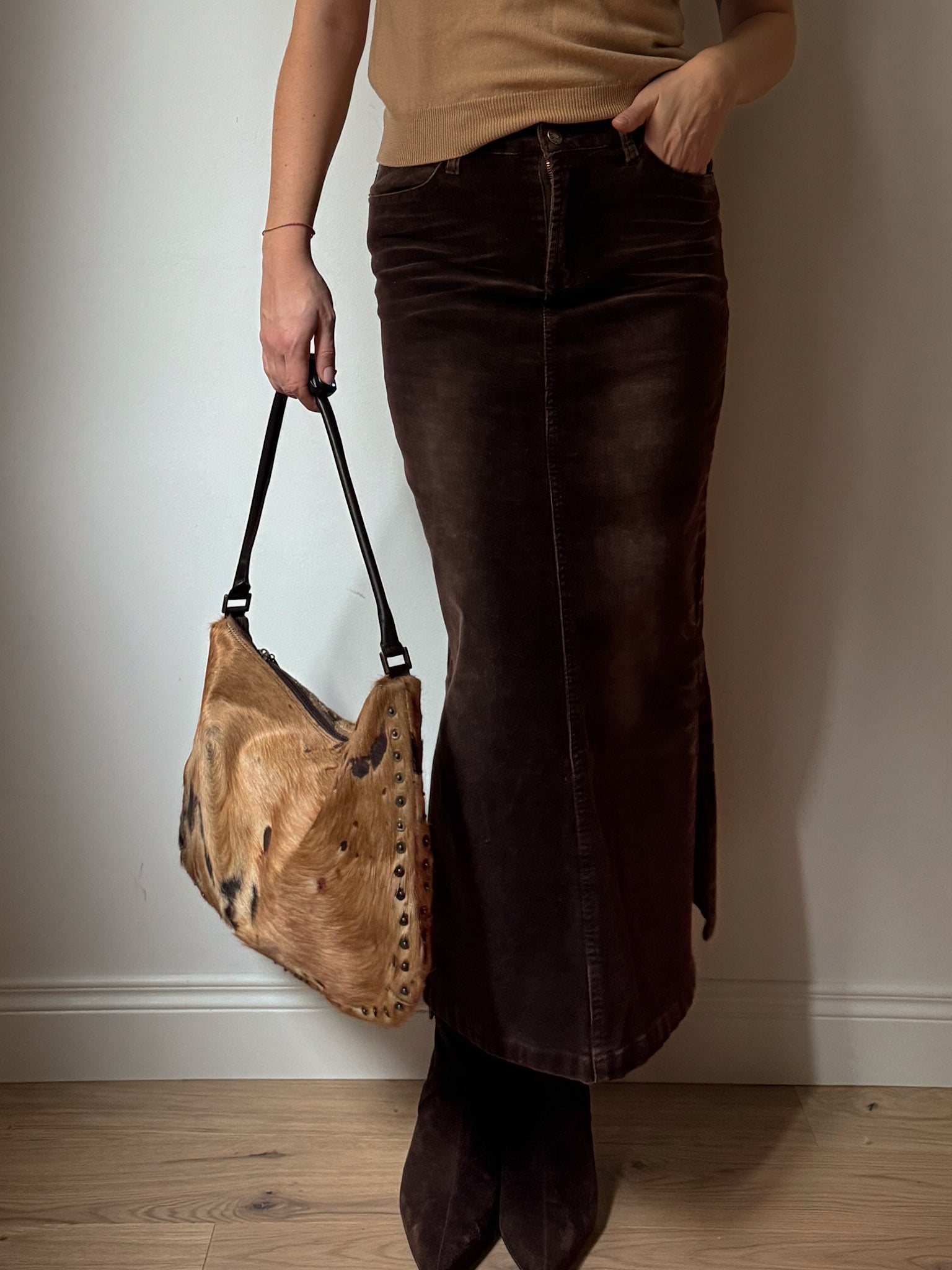 Velvet brown midi skirt