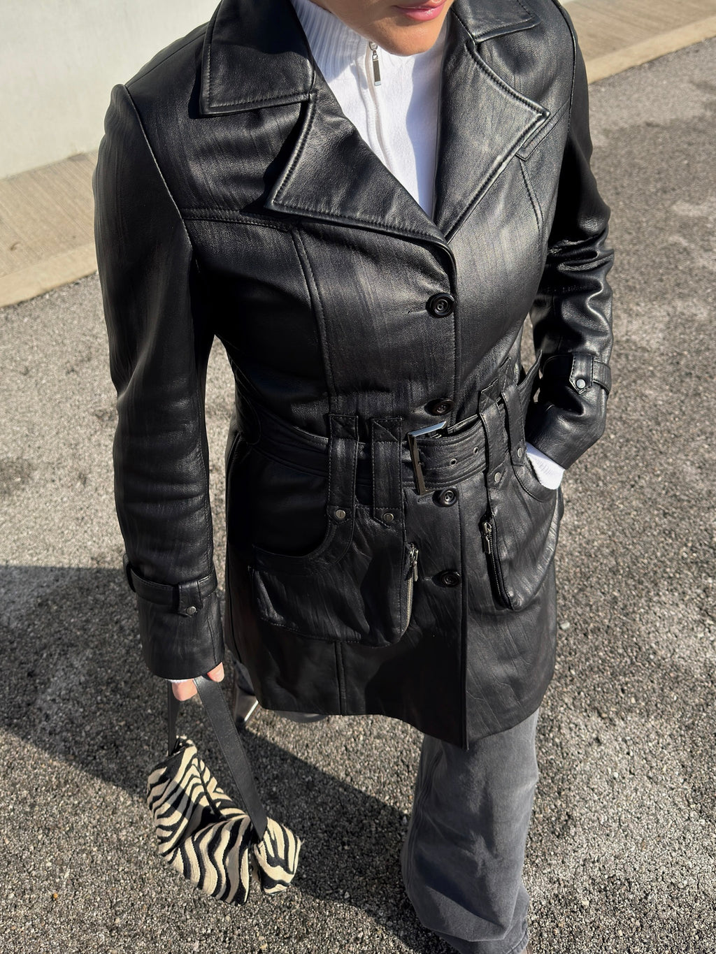 Genuin leather black trench