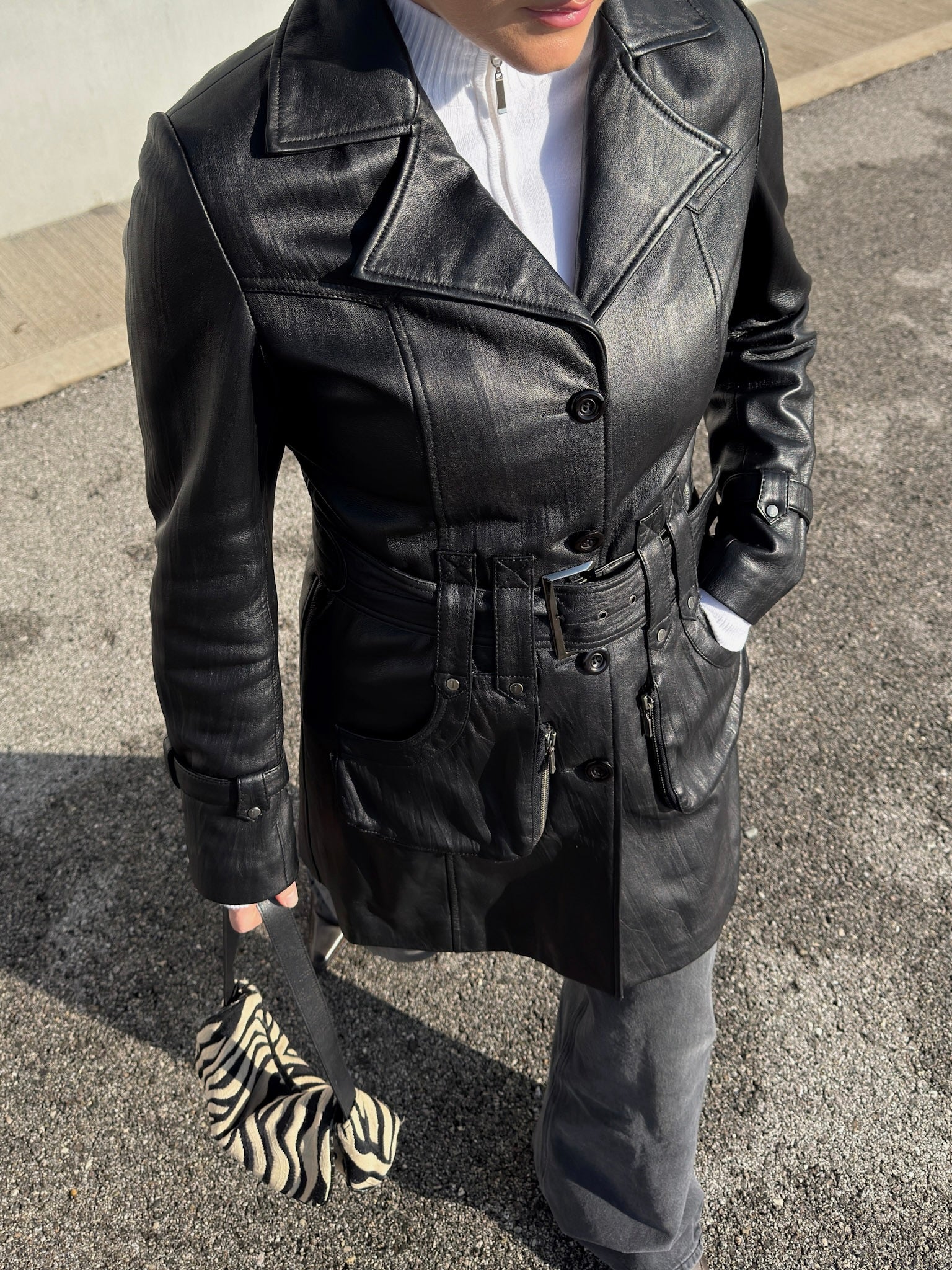 Genuin leather black trench