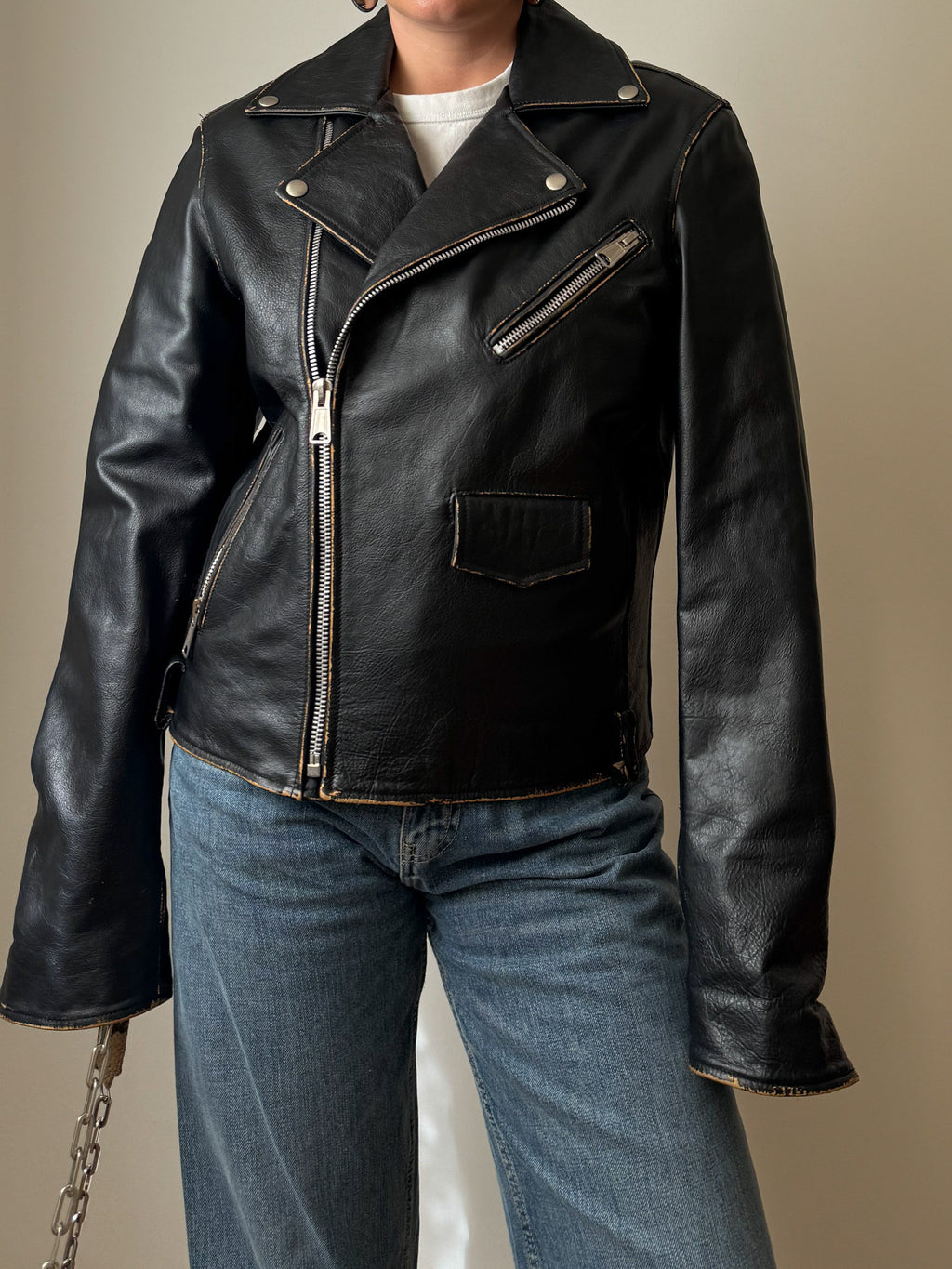 Real leather distressed jacket