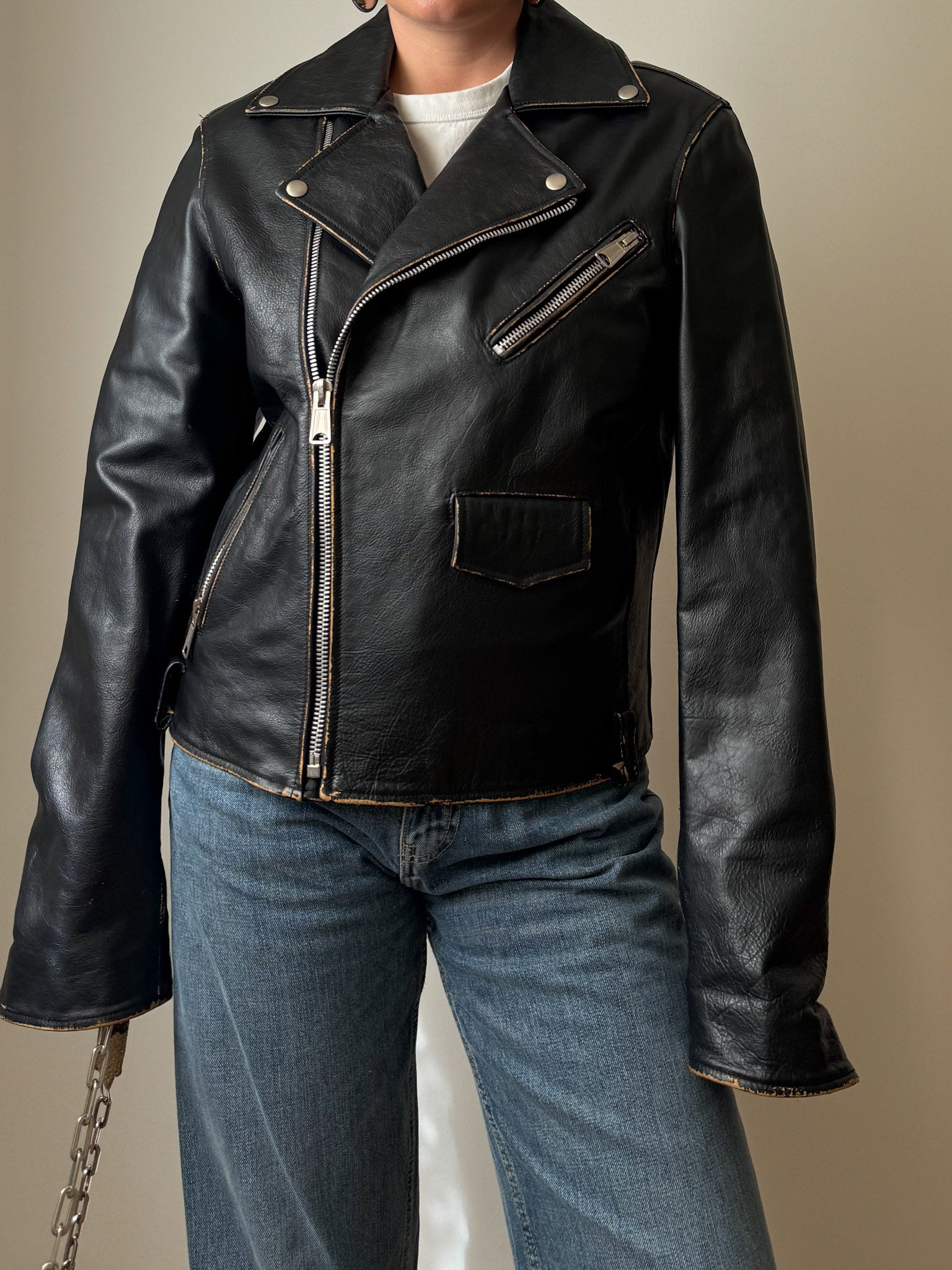 Real leather distressed jacket