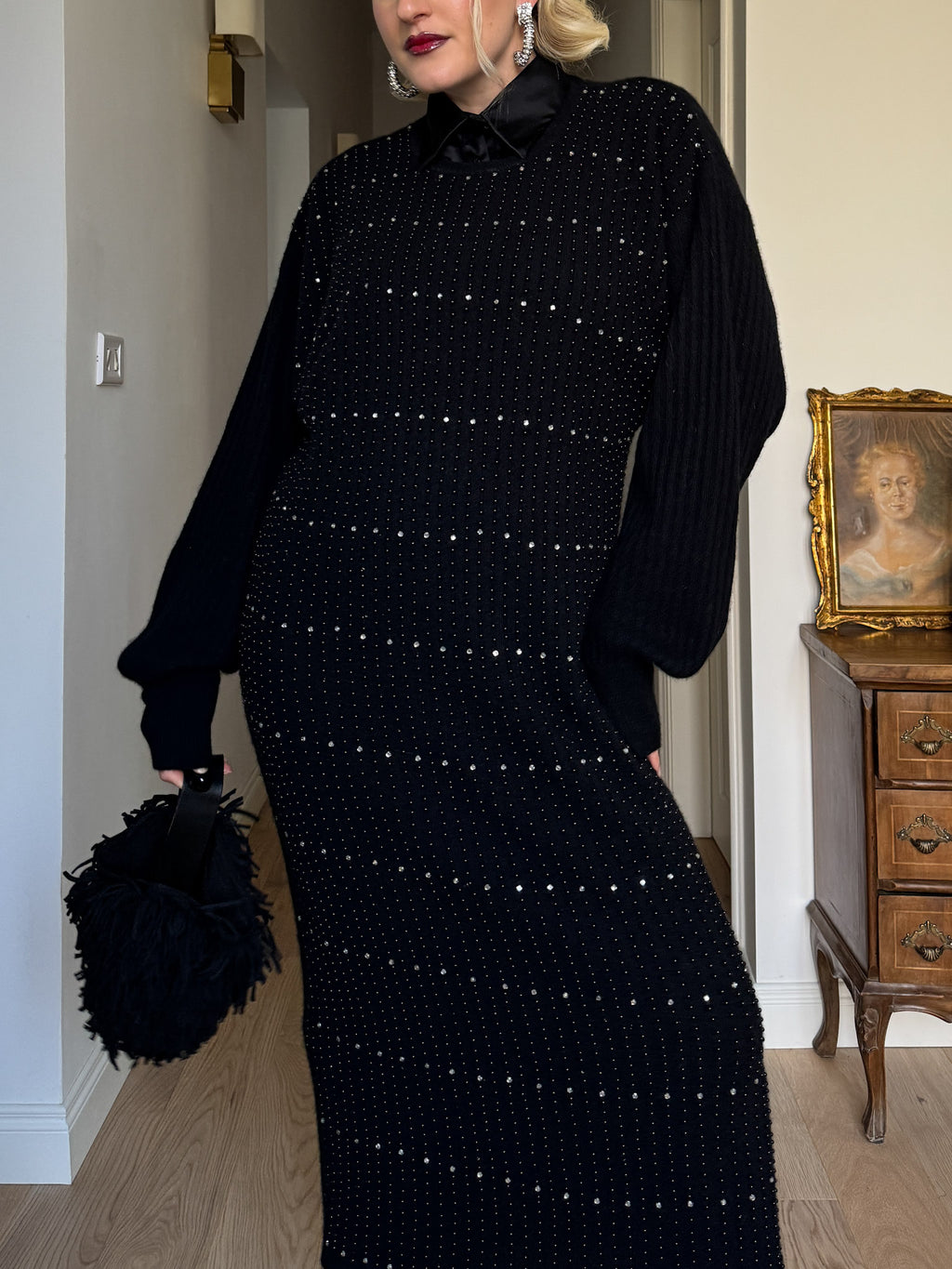 Lambswool, angora and strass black dress