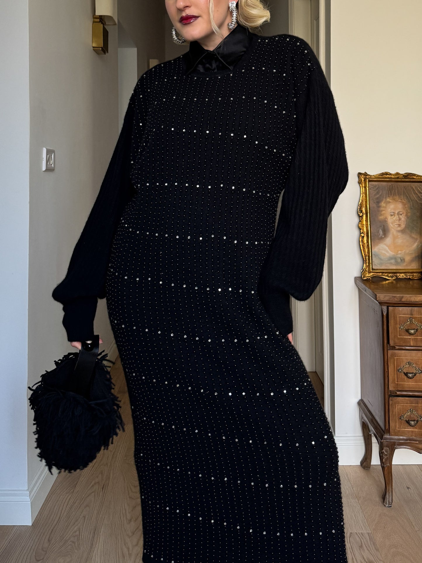 Lambswool, angora and strass black dress