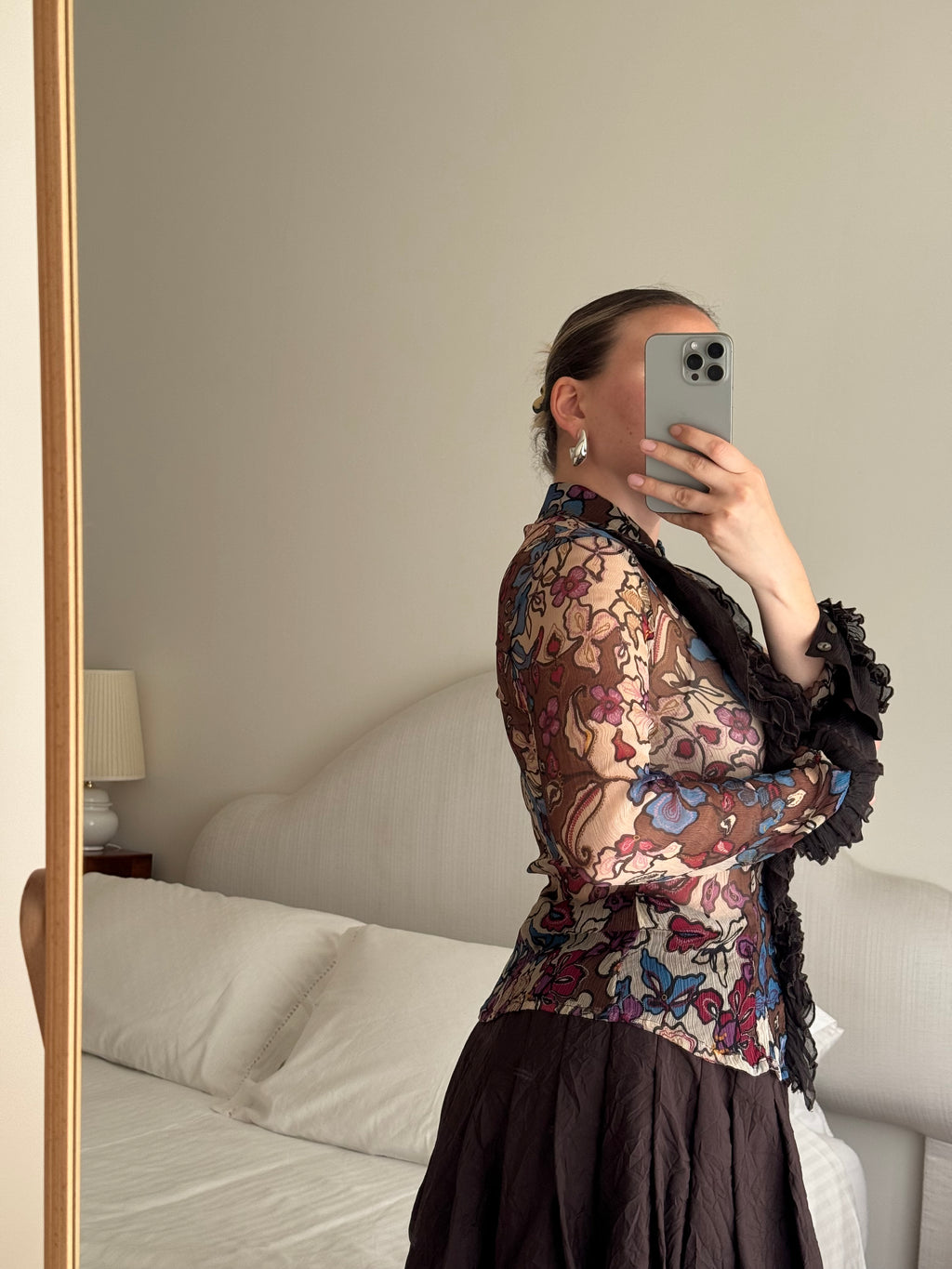 Pure silk rouches printed shirt