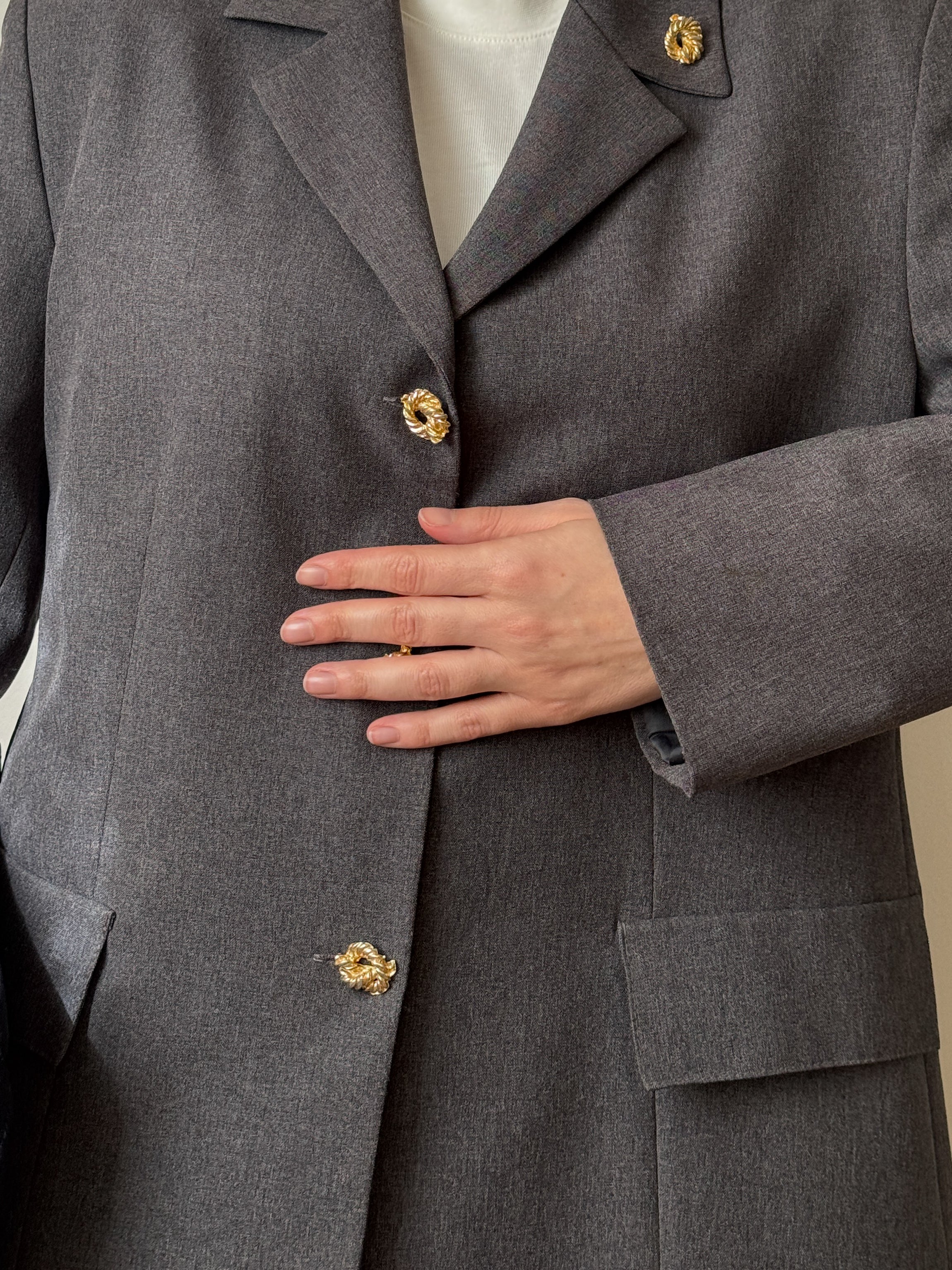 Grey blazer with gold rope buttons