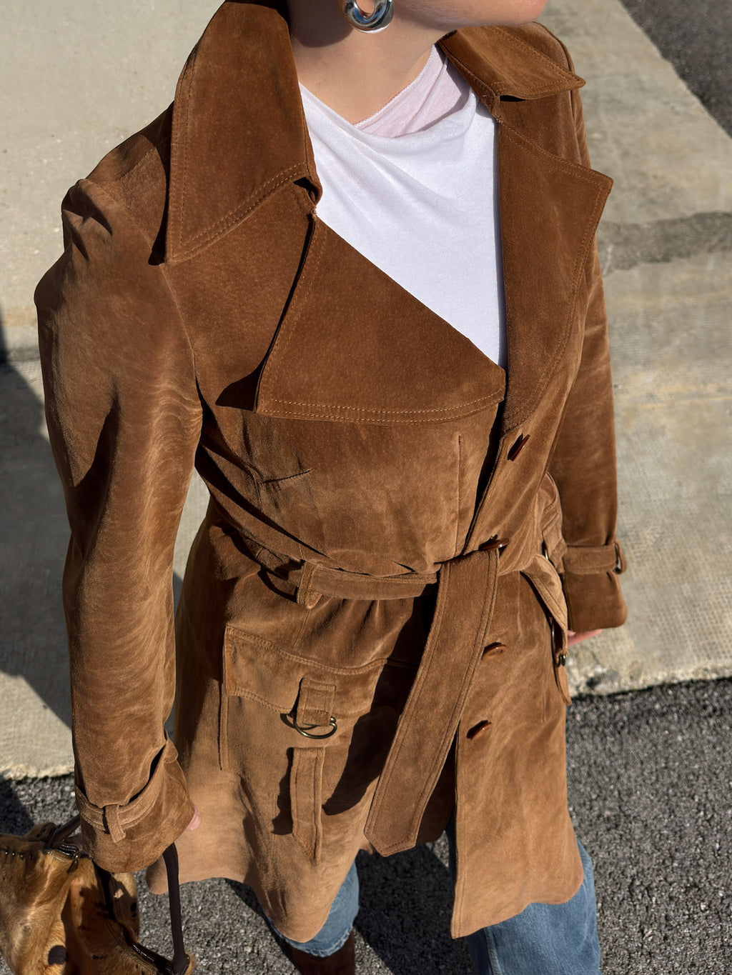 Real suede caramel trench coat
